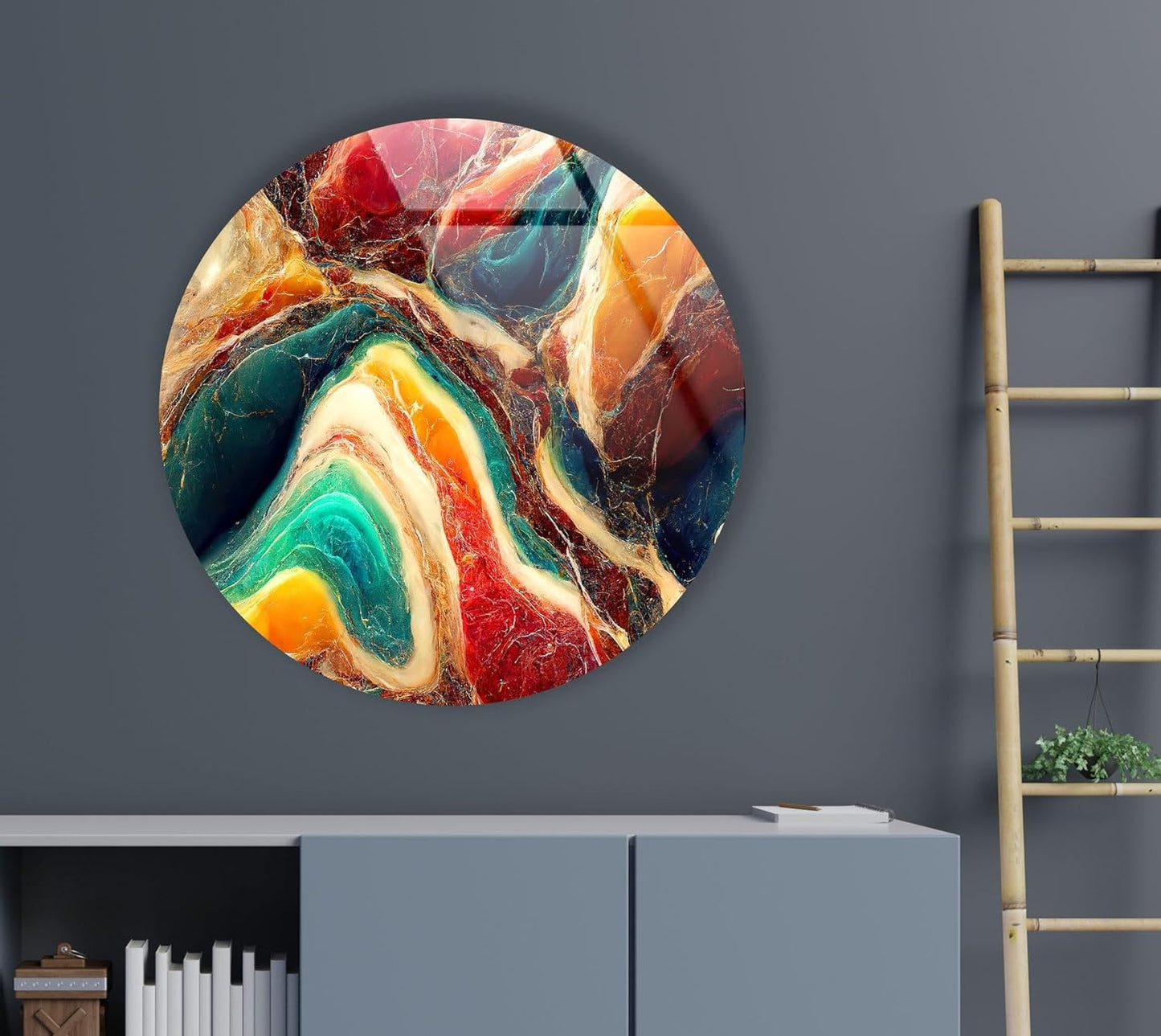 My Photostation.com 31.5''(80cm) Diameter Colorful Marble Swirl Round Wall Art Abstract Glass Decor with Earthy Tones & Gemstone Texture
