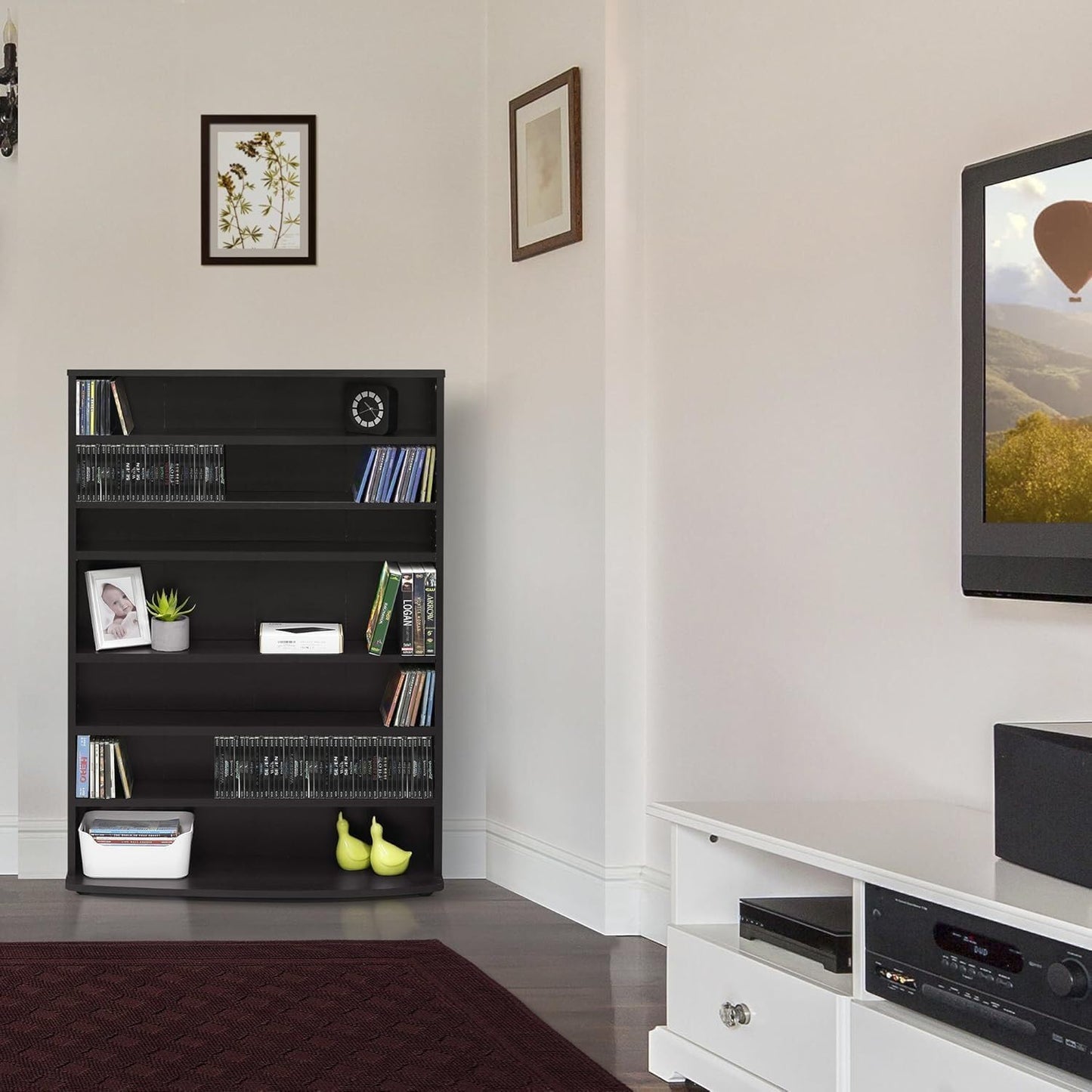 Adjustable Shelves Multimedia Storage Tower Rack with Spacious Media Organization, Durable Design, Versatile Rack for DVDs, CDs, Games, and More Espresso/6 Tier