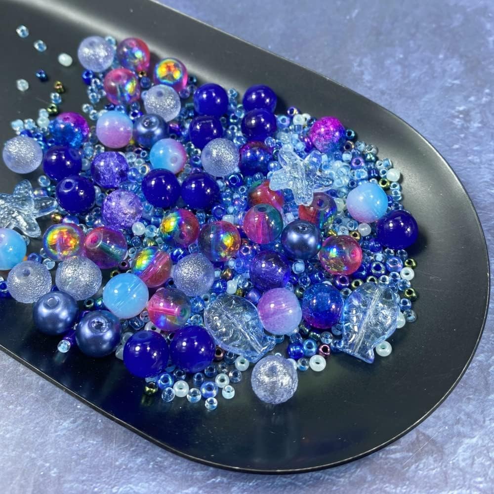 Assorted Glass Resin Beads Multi Size Colors Smooth Cracked Gravel Millet Spacer Beads for Bracelets Necklace Earring DIY Jewelry Making Craft(Indigo Blue Series)