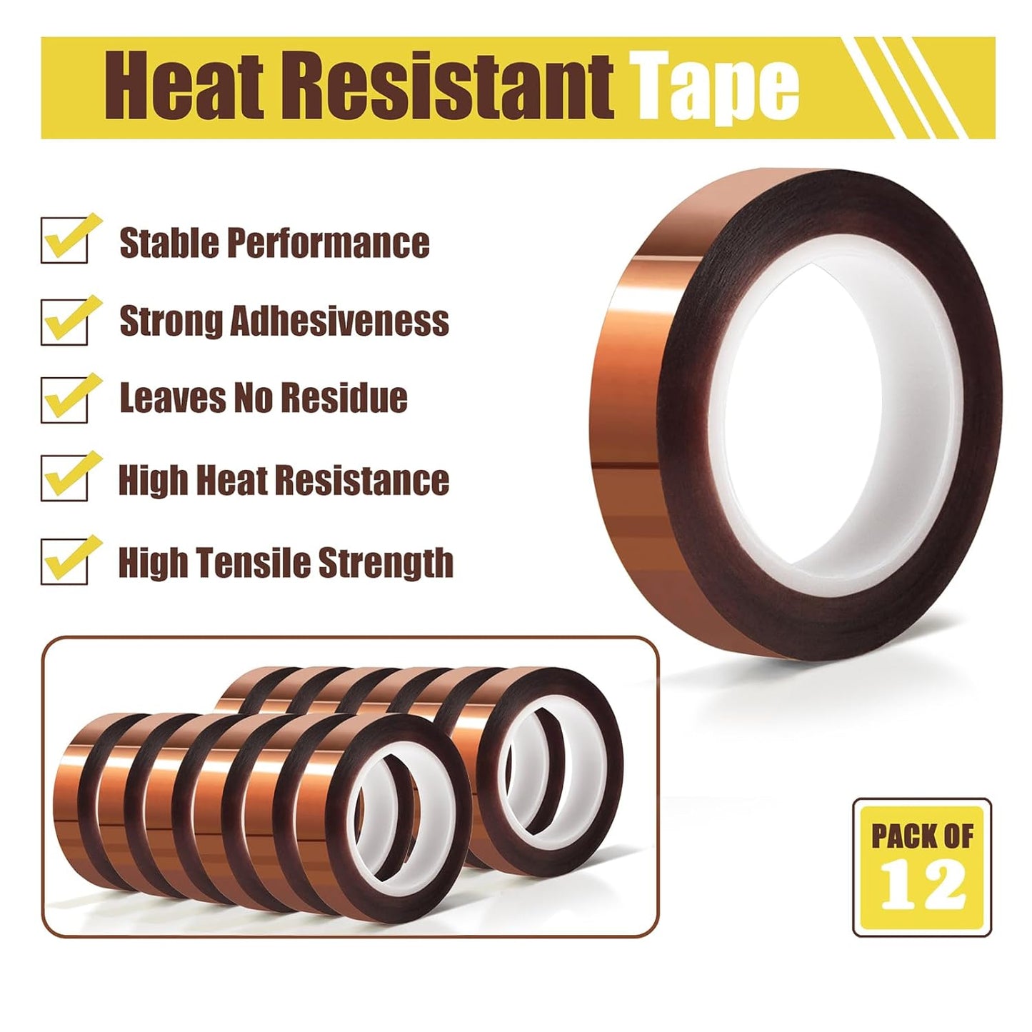 12 Rolls 10mm x16m(52FT) Heat Tape High Temperature Heat Resistant Tape Heat Transfer Tape for Heat Sublimation Press Vinyl,No Residue