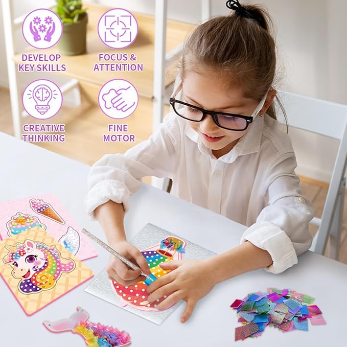 Ancitoy Unicorn Poke Art Kit for Girls, DIY Wind Chime Craft Activity, Mess-Free Art Gifts for Kids Ages 4 5 6 7 8 9 10 Birthday Present