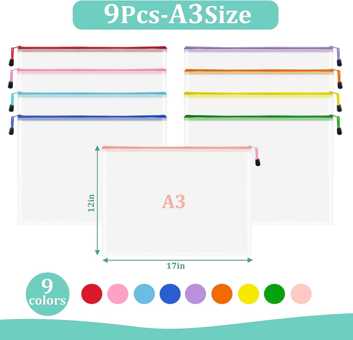 9pcs Mesh Zipper Pouch Bags, A3 Sizes, 9 Colors, Board Game Storage, Travel, School, Office Organize