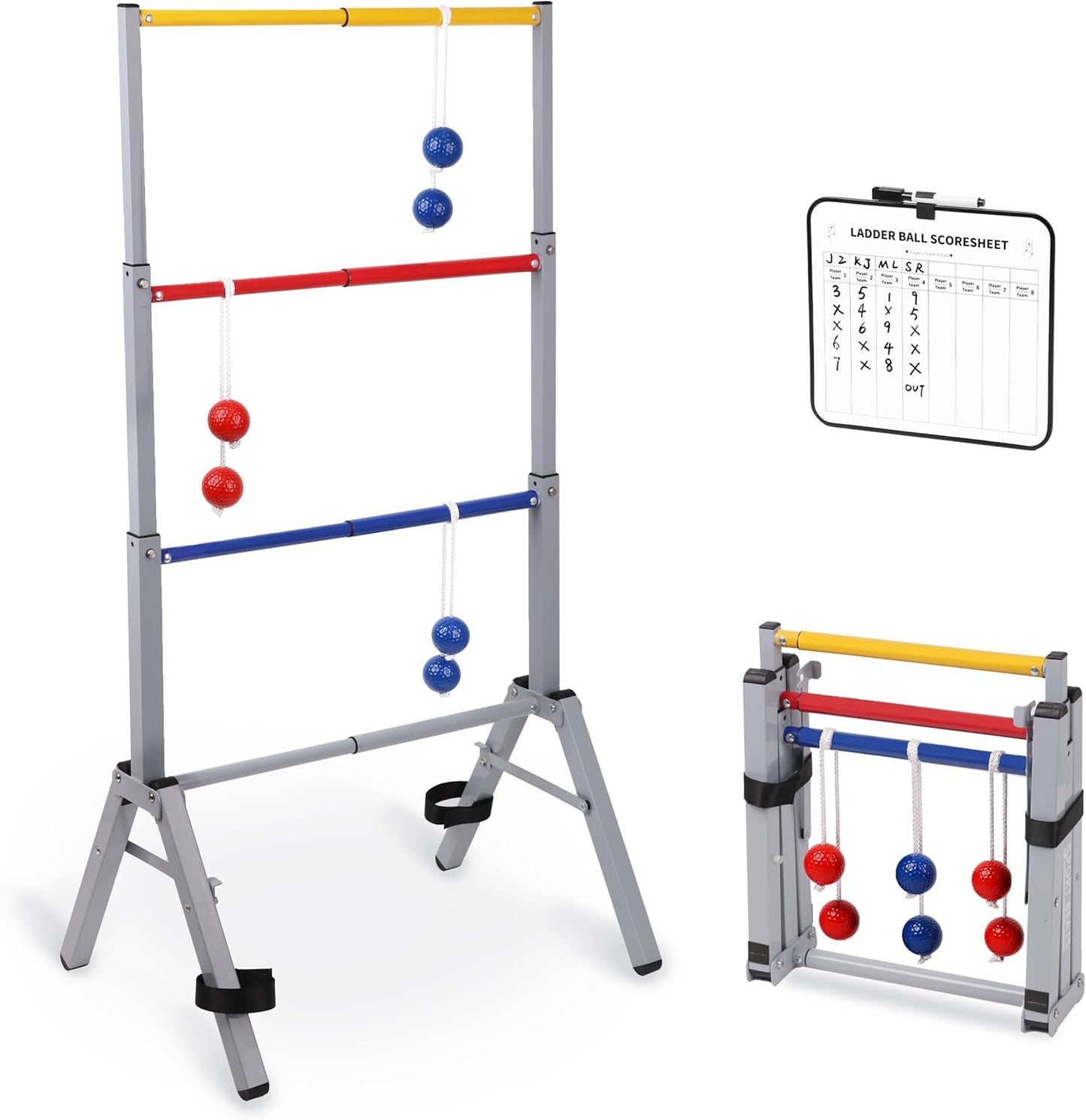 Outdoor Games Ladder Ball Set - Patented Assembly Free Portable Ladder Toss - Steel Frame Includes Carrying Case, 6 Bolas and Scoresheet