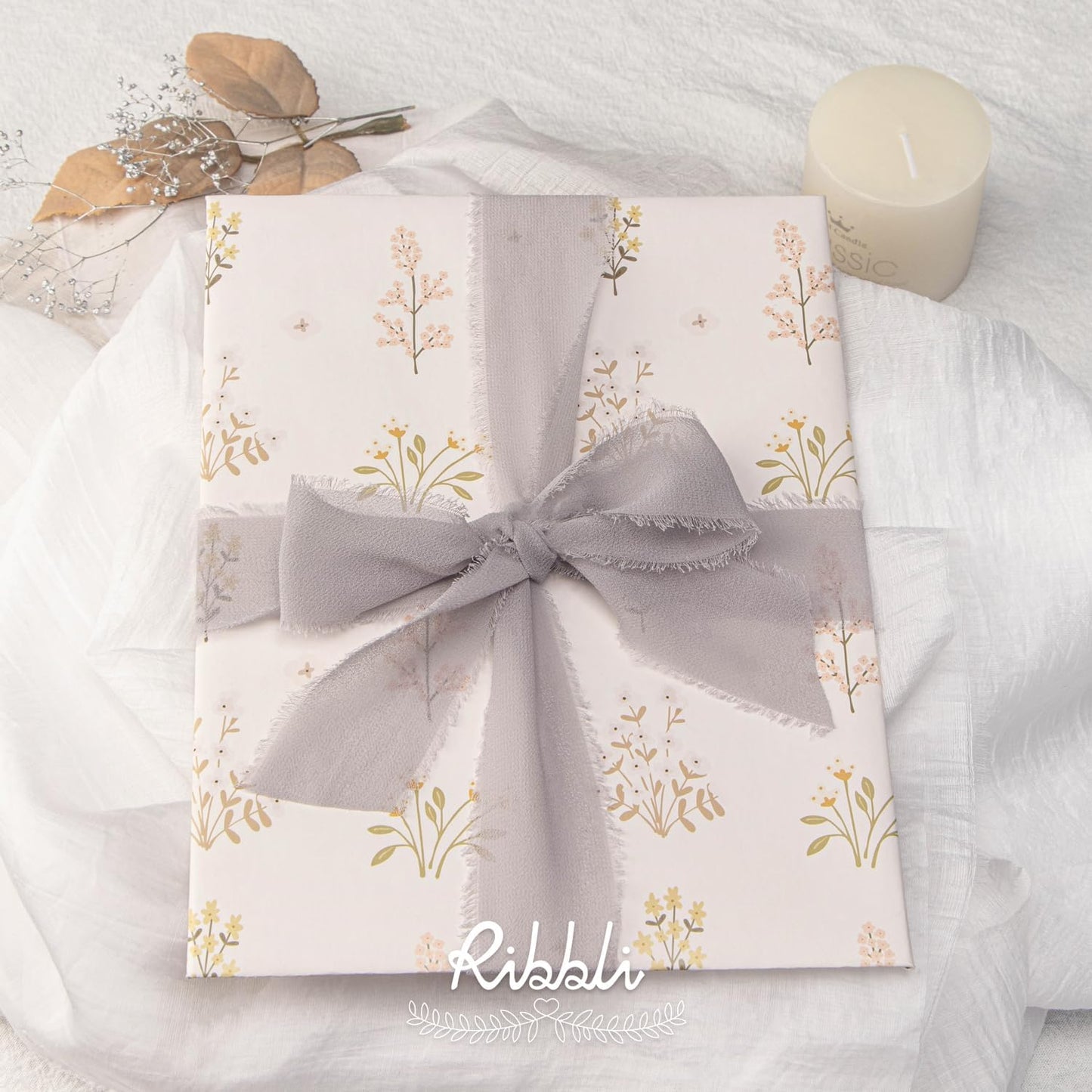 Ribbli Light Grey Chiffon Ribbon 1-1/2 inch x 20 Yard Handmade Fringe Chiffon Silk Ribbon for Wedding Invitations, Bridal Bouquets Wrapping, Flower Arrangement Decoration