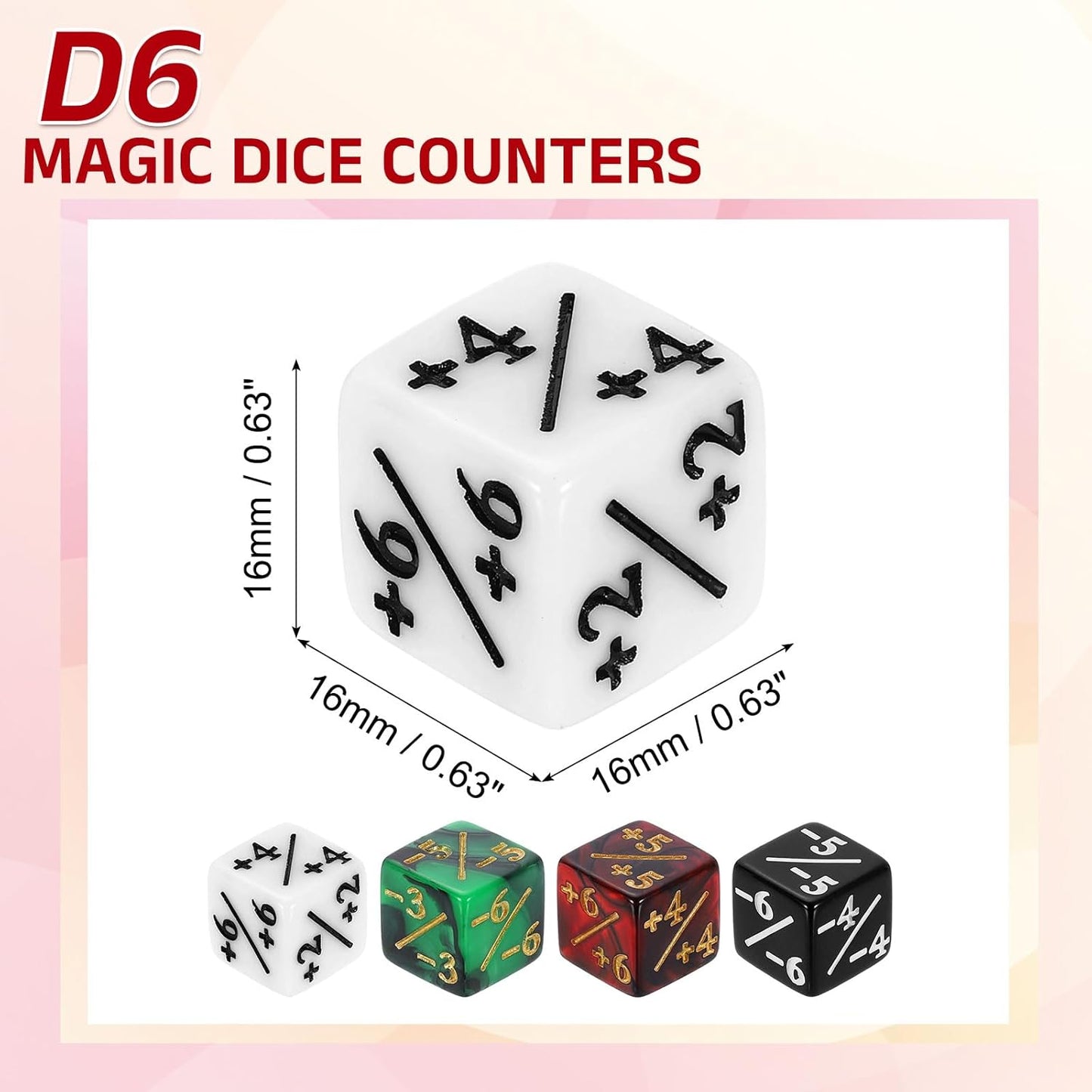 uxcell 48Pcs Magic Dice Counters, Acrylic D6 Life Token Dice Set with Pouch for Standard Cards Gaming Accessories, White, Black, Red & Black, Green & Black