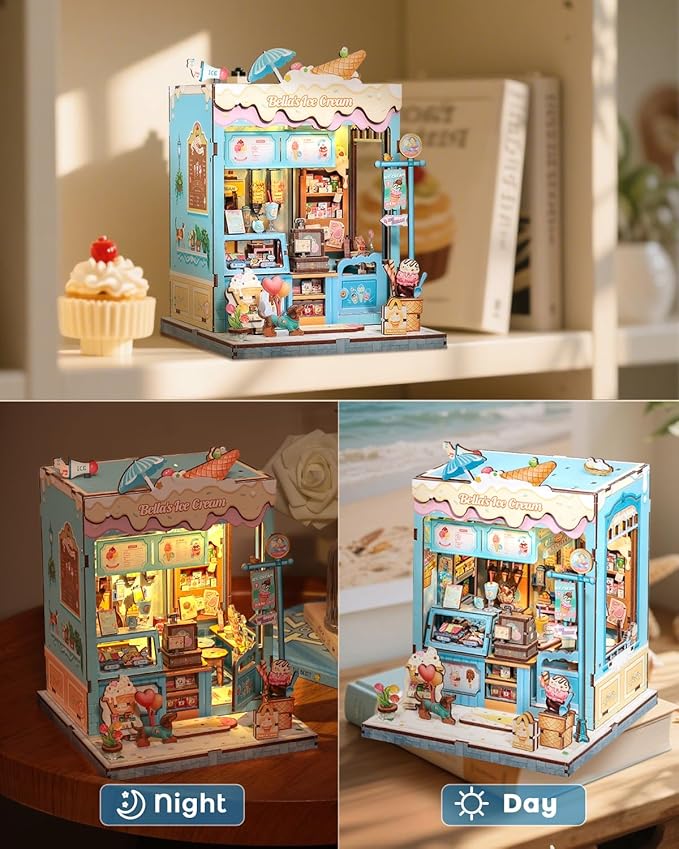 CUTEBEE Book Nook Kit, DIY Miniature House Kits for Adult and Teens, Dollhouse Booknook Tiny House, Bookshelf 3D Wooden Puzzle, DIY Craft Gifts for Family and Friends (Bella's Ice Cream)