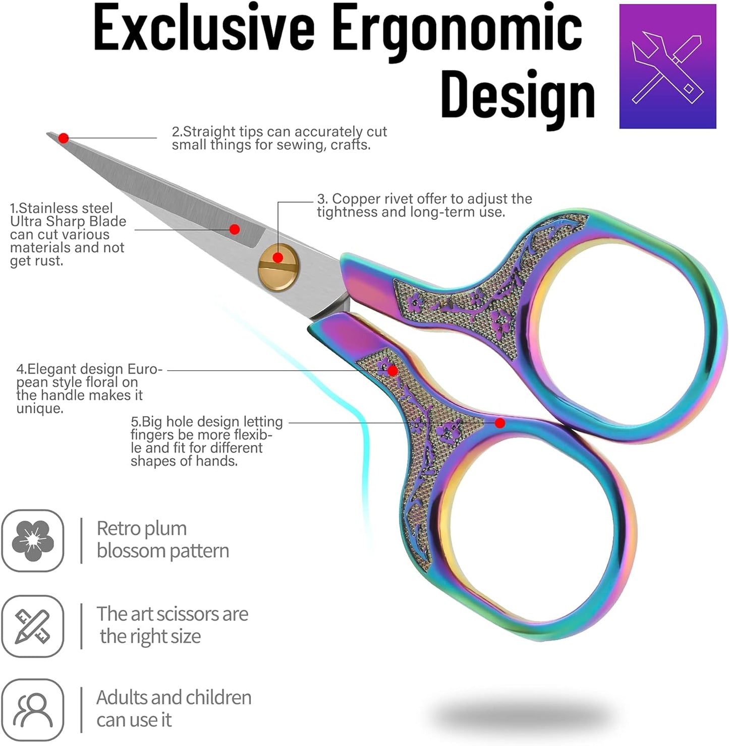 Sharp Embroidery Scissors-5 Inch Vintage Precision Scissors-Stainless Steel Blades with Vibrant Gradient Handle & Floral Design-Resistant for DIY/Art/Craft/Sewing
