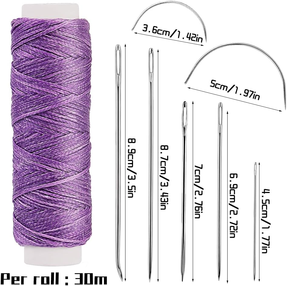 Ftyiwu Waxed Thread, Upholstery Needle and Thread 32 Yards with 7PCS Hand Sewing Needles for Home Upholstery Carpet Canvas Repair Leather Sewing (Purple)