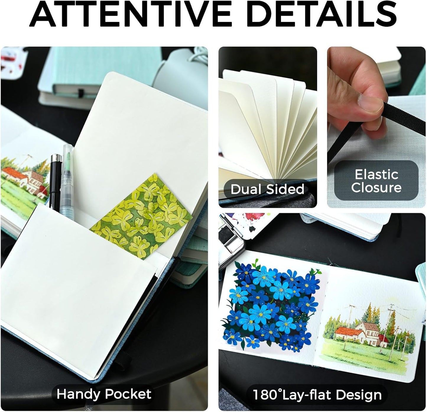 Funto Watercolor Journal, 4.7x4.7, 24 Sheets, 100% Cotton Hot Press, 300gsm/140lb, Inner Paper Pocket, Art Supplies for Mixed Media