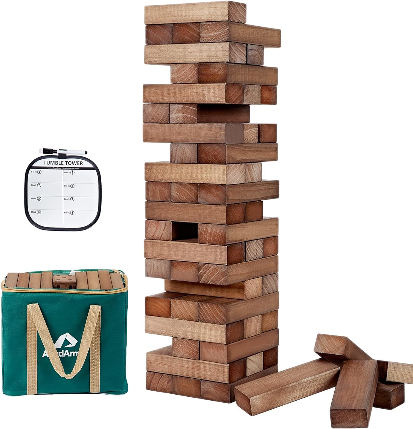 ApudArmis 60 PCS Giant Tumble Tower Stack to 5Ft, Pine Wooden Stacking Timber Game with 1 Dice Set - Classic Block Giant Outdoor Game for Adults Family (Brown)