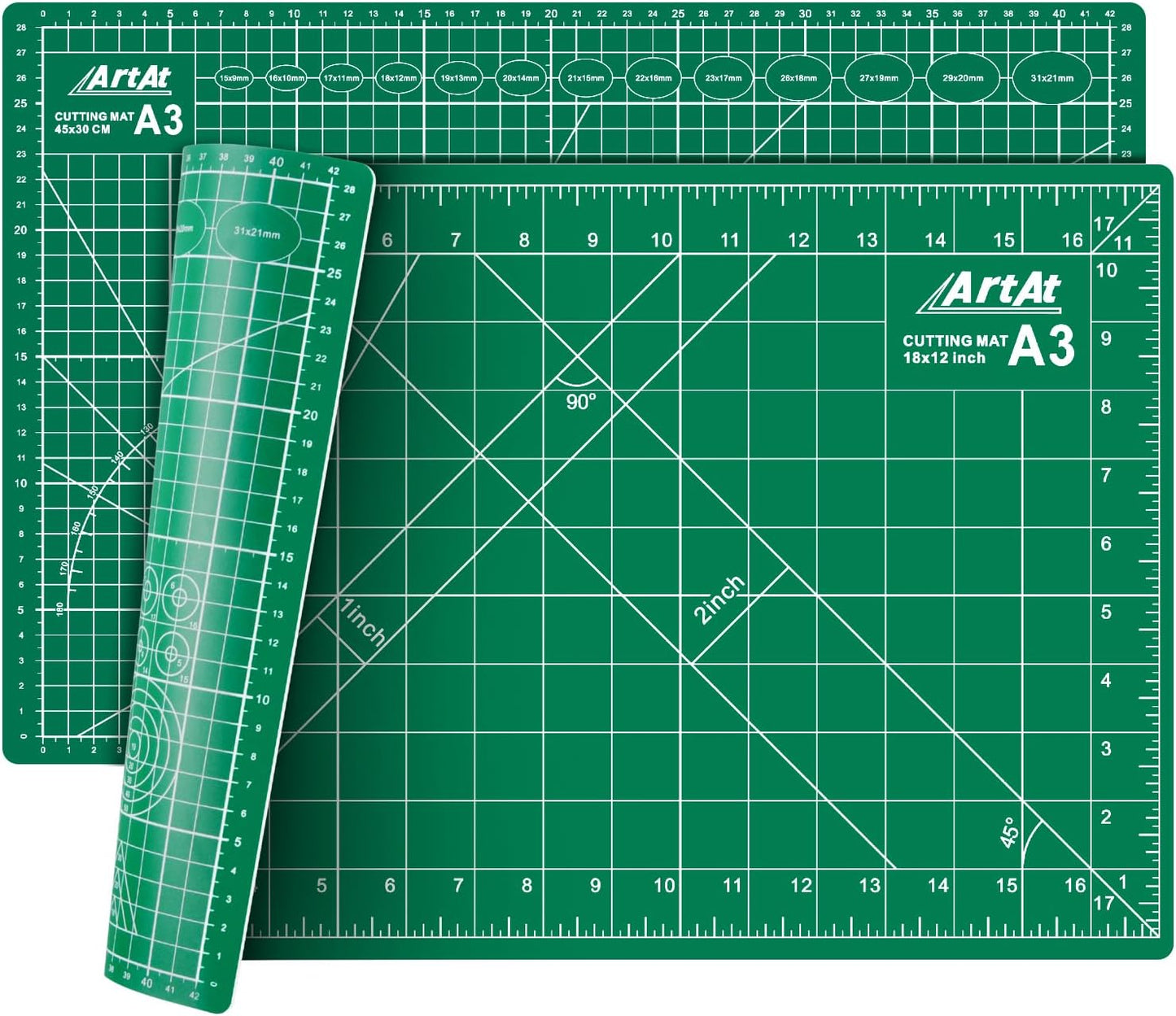 ArtAt Self Healing Cutting Mat: 12″x 18″ Green Double Sided Non-Slip 5 Layers PVC Durable Craft Sewing A3 Mat for Rotary Cutter, Use for Quilting and Scrapbooking and Craft & Art Projects…