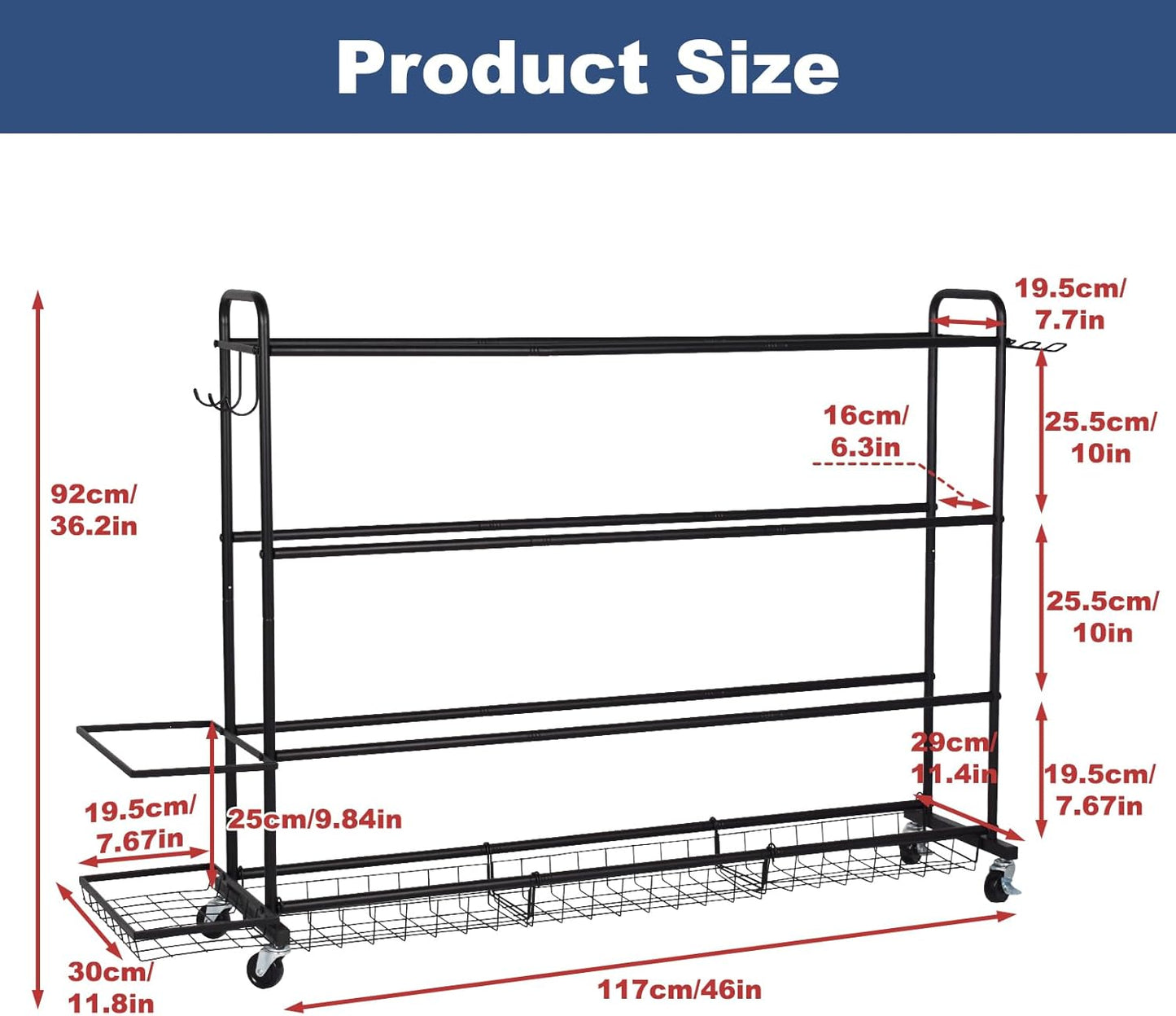 Basketball Rack, Shooting Training Rolling Ball Stand, Garage Organizer with Wheels, 4-Layer Sports Equipment Storage Holder with Baskets and Hooks for Soccer Baseball Footballs Volleyball