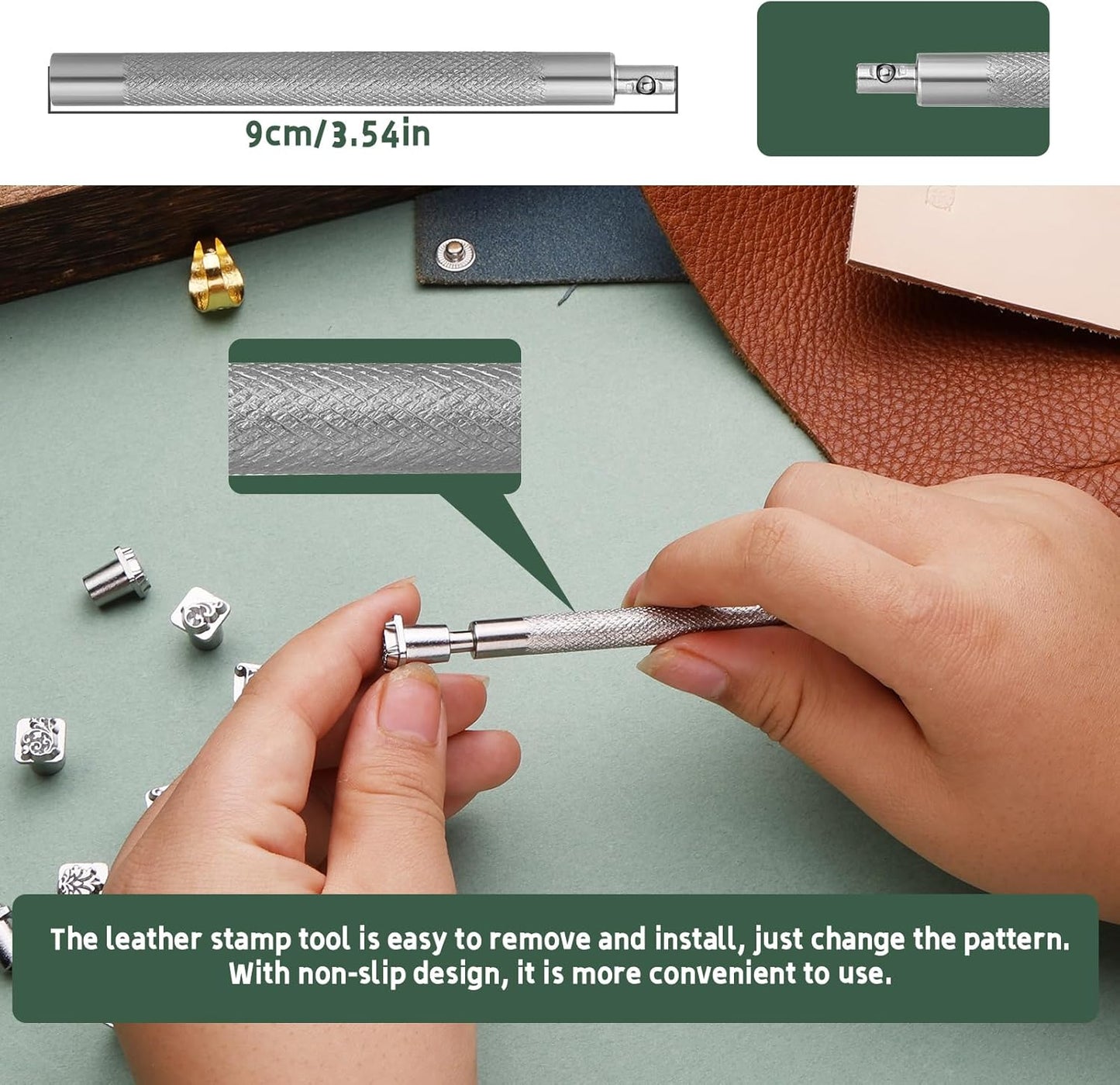 Leather Craft Stamping Tools, Leather Stamping Kit with 12 Tangcao Patterns Stamp and Punch Tools and 25mm Hammer and 3 thimbles for Craft Stamps