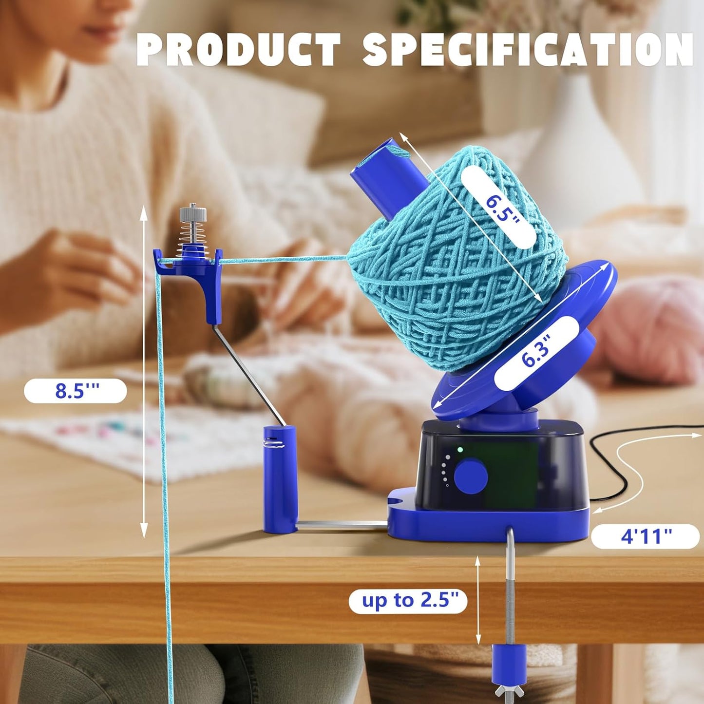 Yarn Winder, Electric Yarn Ball Winder for Crocheting, Efficiently Cake with Strong Tension Adjustable Speed Up to 13 oz, Automatic Spinner Wool for Knitting Enthusiast (Blue)