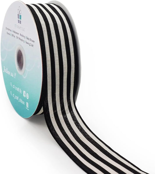 CT CRAFT LLC Striped Canvas Cotton Ribbon 2.5" x 50 Yards Ivory/Black Stripes for Thanksgiving Christmas Home Décor Gift Wrapping Outdoor Tree Topper Bow Wreath
