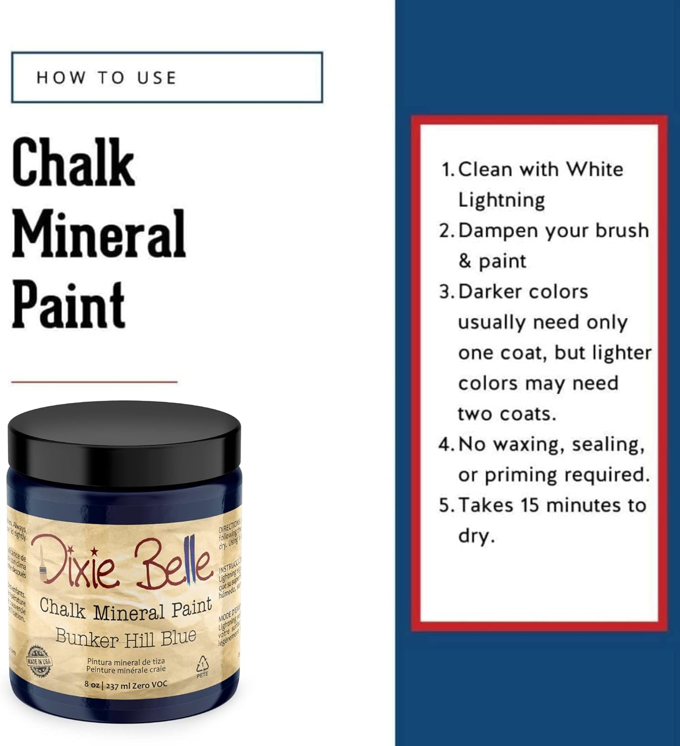 Dixie Belle Paint Company Chalk Finish Furniture Paint - Bunker Hill (8oz) - Matte Indigo Blue Chic Chalk Mineral DIY Furniture Paint