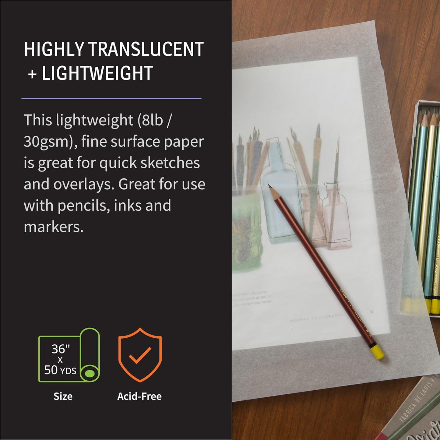 Bienfang Sketching & Tracing Paper Roll, White, 36 Inches x 50 Yards - for Drawing, Trace, Sketch, Sewing Pattern