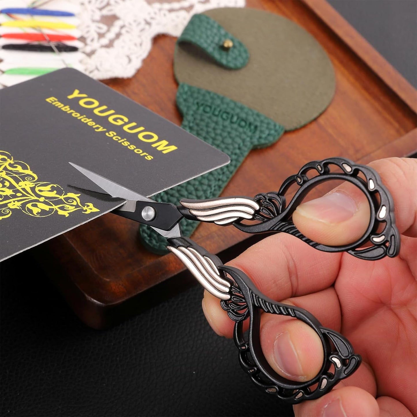 Embroidery Scissor with Case, Yarn Scissors for Sewing Craft Cross Stitch Crochet, Detail Shears Threading Snips Vintage Golden Black