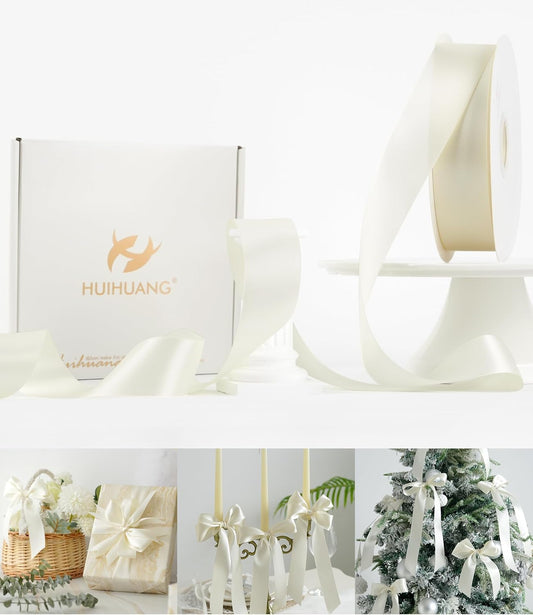 HUIHUANG Ivory Satin Ribbon 1-1/2 inch x 100 Yards Antique White Double-Faced Satin Ribbon for Flower Bouquet, Gift Wrapping, Eternal Roses, DIY Crafts, Bridal Shower Wedding Decor