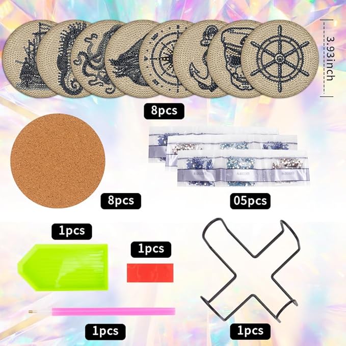 8 Pcs Diamond Art Painting Coasters with Holder, DIY Vintage Ocean Diamond Art Coasters for Adults Beginners 5D Gem Art Dots Paintings with Cork Pads Crafts Supplies