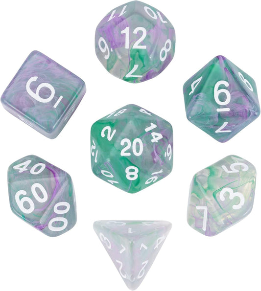 7-Die DND Dice Set Polyhedral Dice Set with a Leather Dice Bag, D&D Dice Set for RPG Table Games (Transparent Green Mix Purple)