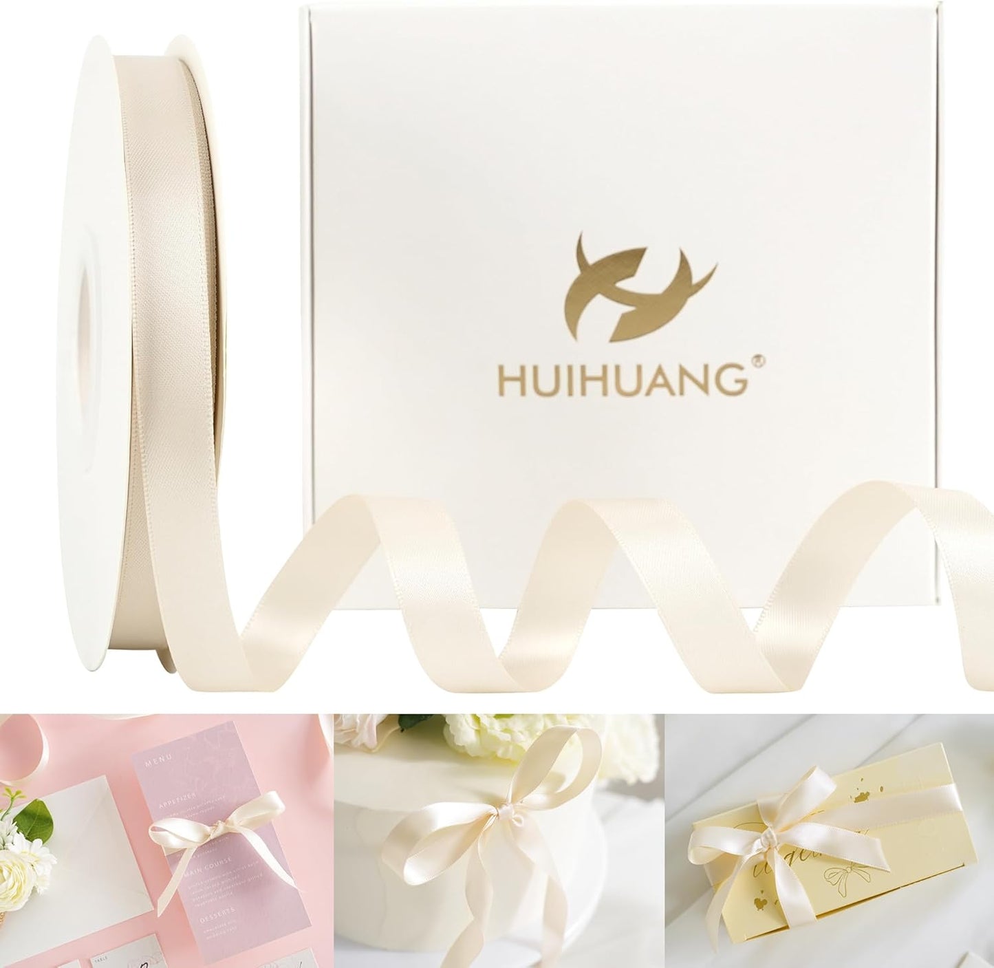 HUIHUANG Light Champagne Satin Ribbon 1/2 inch Continuous 50 Yards Double-Faced Satin Ribbon for Gift Wrapping, Bows, DIY Crafts, Flower Bouquet, Wedding Decor, Holiday Decor