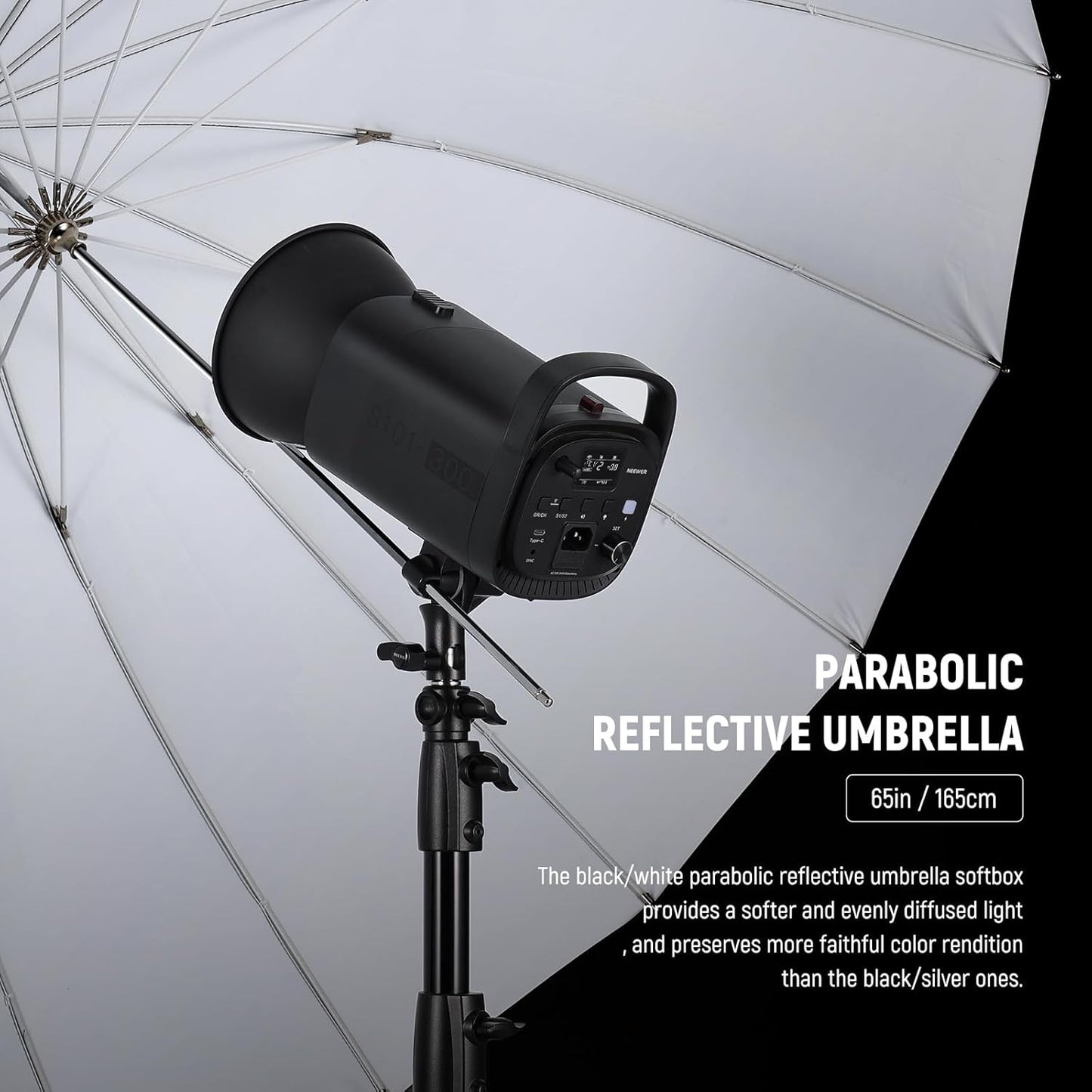 NEEWER 65"/165cm Parabolic Reflective Umbrella Photography with White Inner, Soft Lighting with Diffuser Cover, Bag, Quick Fold for Camera Photo Studio Video Light Shooting Monolight Flash, NS3U