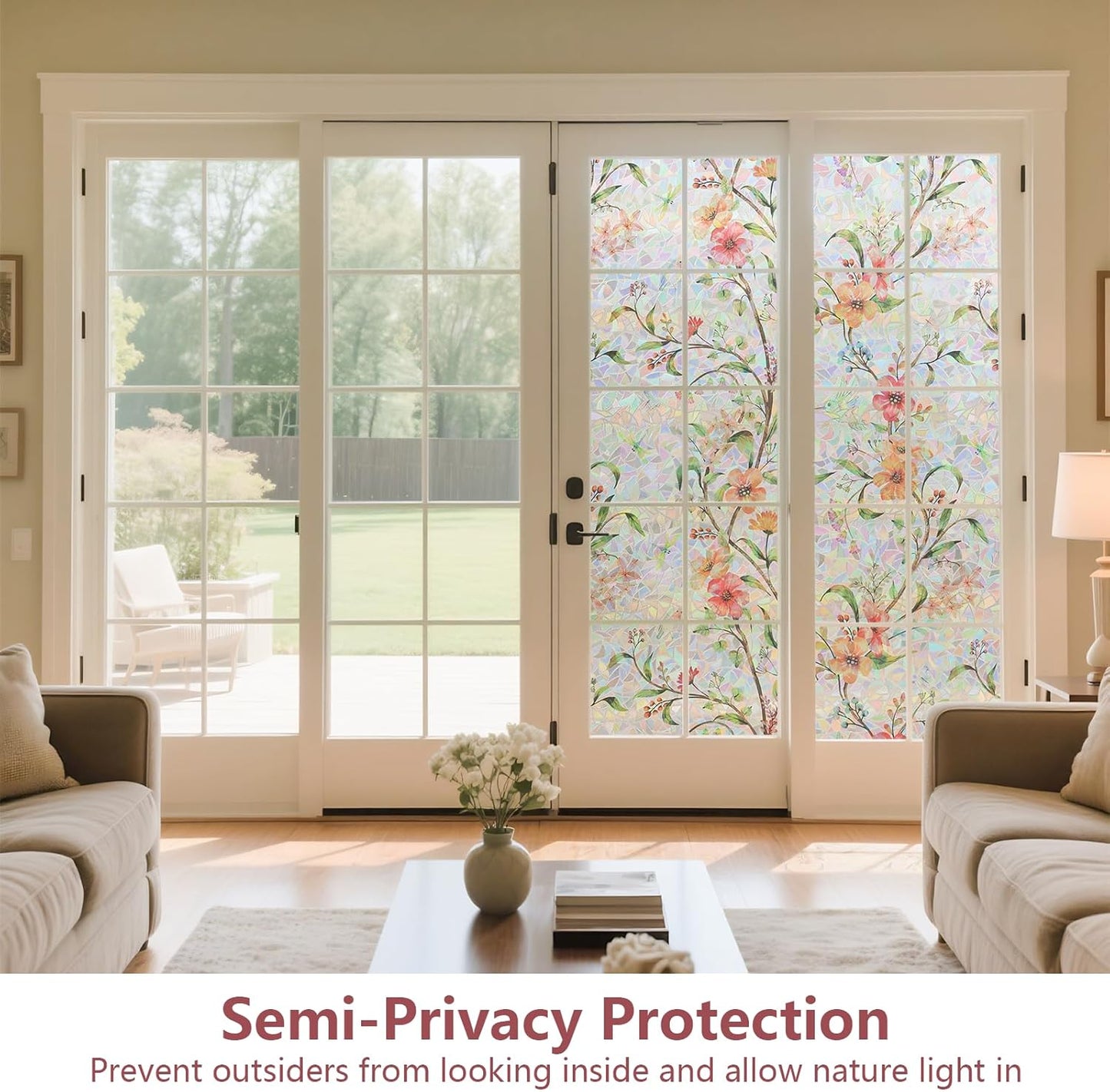 NINETREX Window Privacy Film,Stained Glass Window Film,Rainbow Decorative Stickers Static Cling Anti UV Heat Control for Home Decor (Galsang Flower,35.4 x 157.4inch)