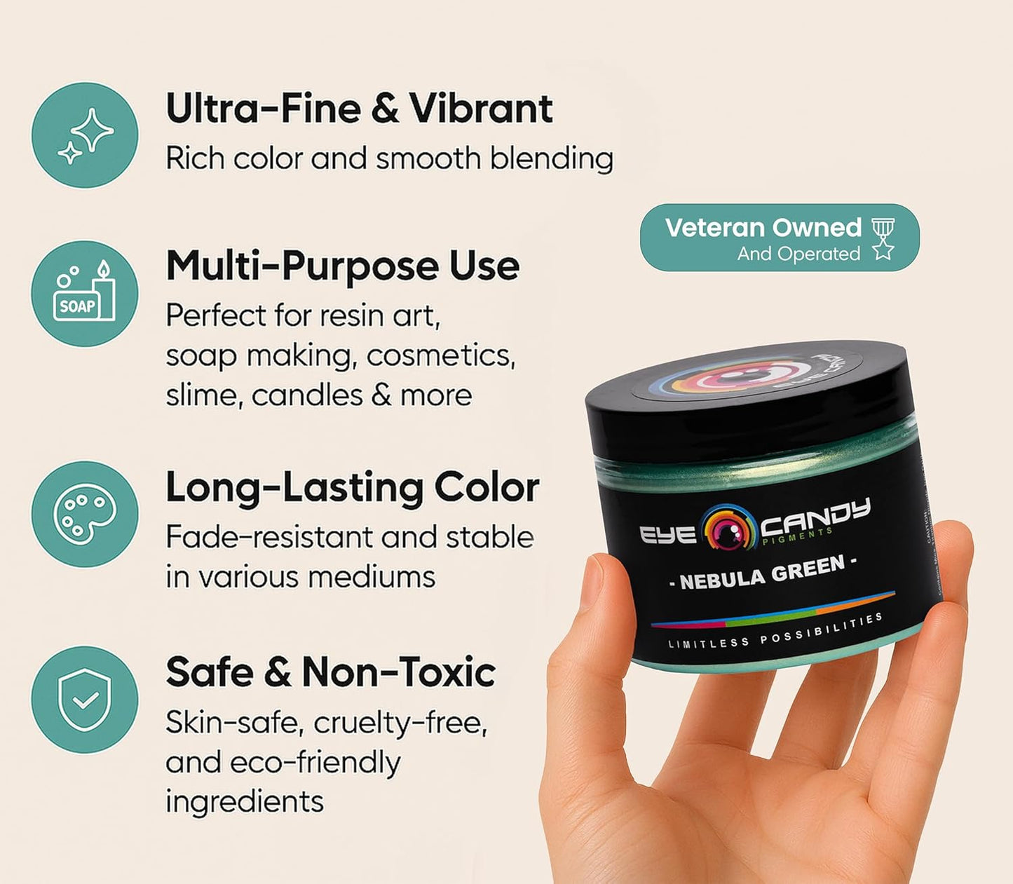 Eye Candy Premium Green Mica Powder Pigments | Multipurpose DIY Arts and Crafts Additive | Acrylic, Woodworking, Bath Bombs, Resin, Epoxy, Soap, Fishing Lures (Nebula Green)