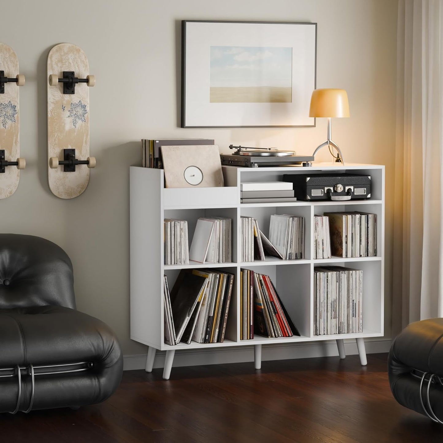 Cozy Castle Large Record Player Stand, Vinyl Storage Cabinet Mid Century Modern Turntable Stand Media Console Table Open Shelf Cube CD Album Holder Organizer for Living Room, Office, White