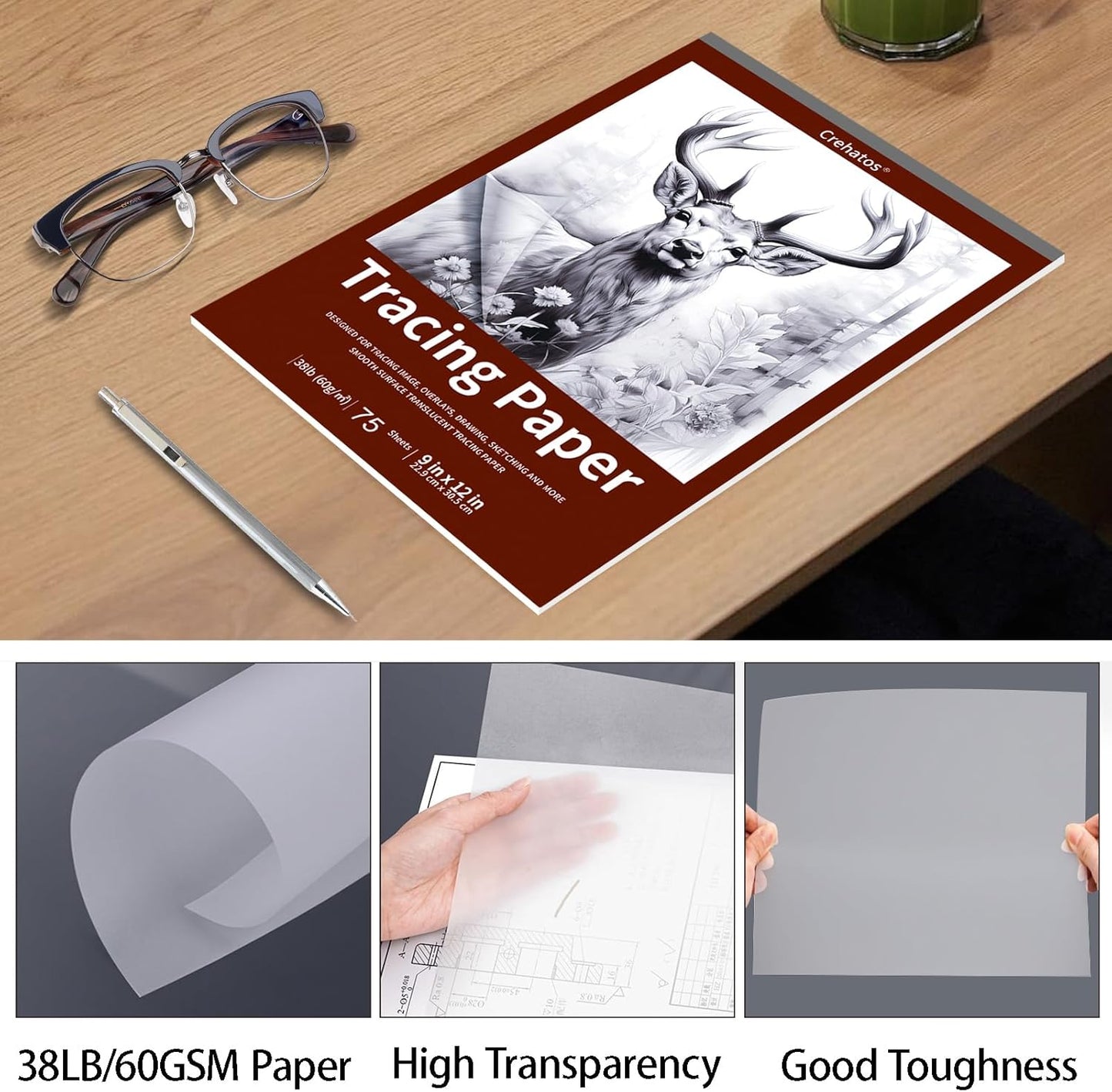 Crehatos 9" x 12" Tracing Paper, Translucent Tracing Pad, 75 Sheets 38lb/60gsm Vellum Art Paper