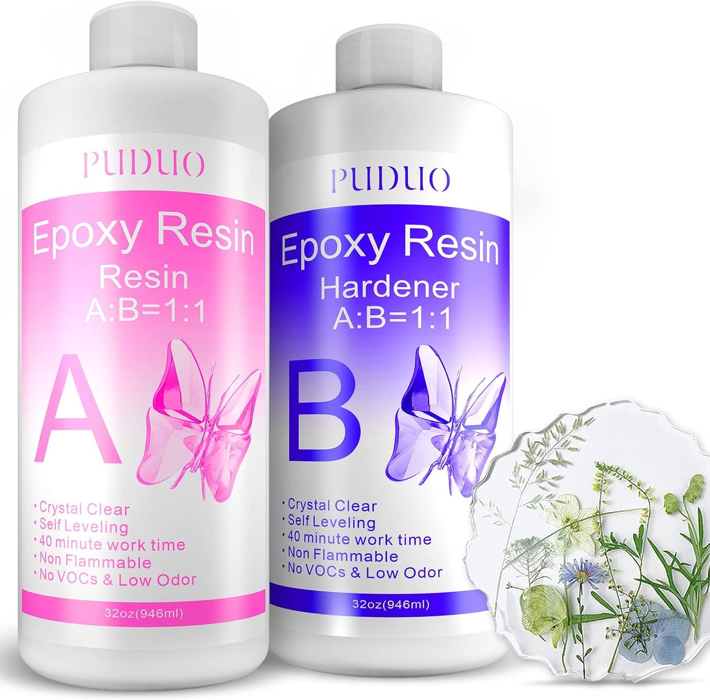Epoxy Resin Clear Kit 64 OZ for Art, Jewelry Making, Crafts, Keychain - Including 32 OZ Resin and 32 OZ Hardener, Fast Curing 2 Part AB Epoxy Casting Resin by Puduo