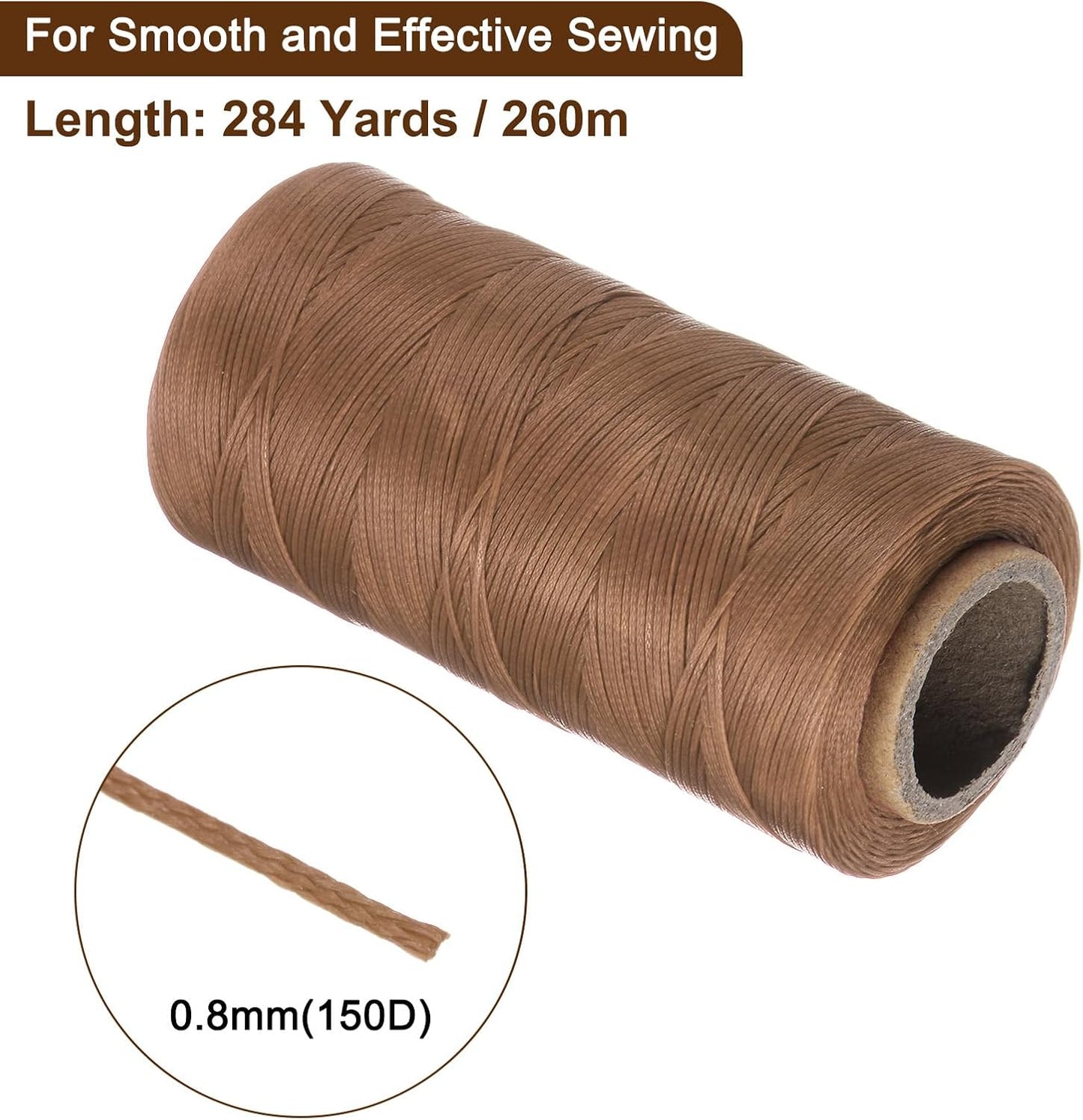 uxcell Leather Sewing Waxed Thread, 284 Yards / 260m 0.8mm 150D Flat Polyester All-Purpose Threads for Leather Crafts, Bookbinding, Brown