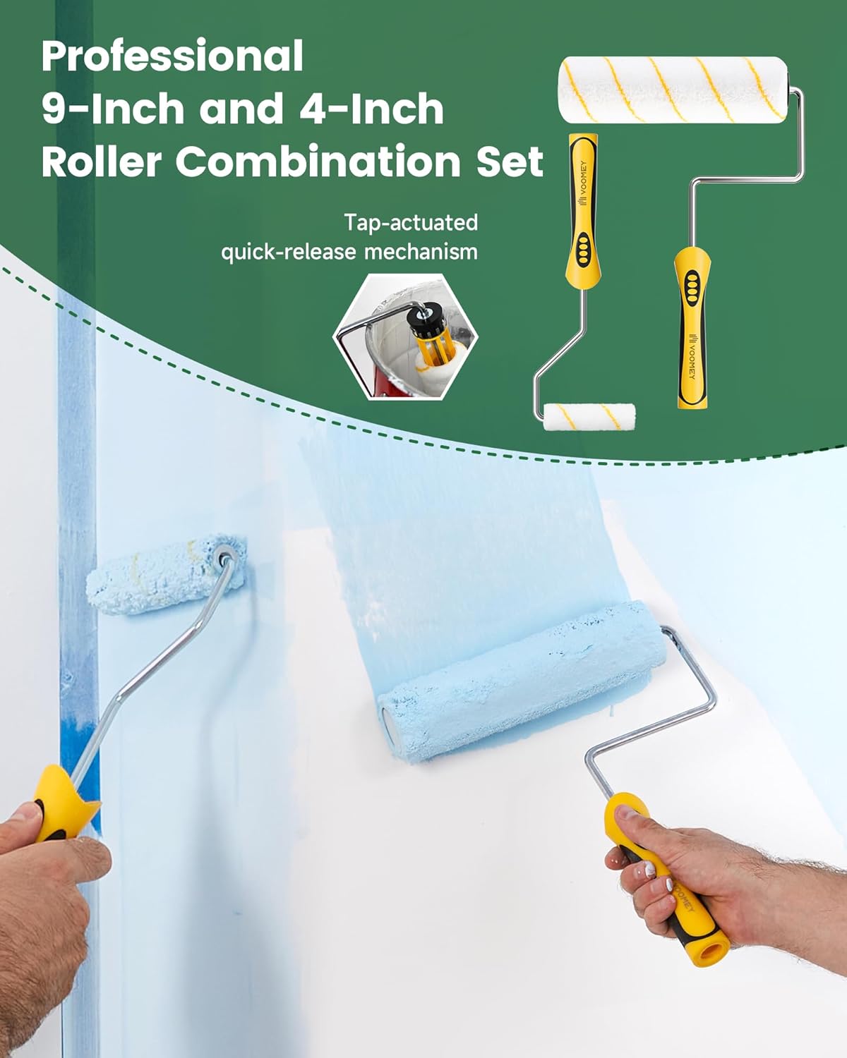 VOOMEY Paint Roller Kit with Extension Pole - 9 Inch Paint Roller with Tray, Mini Paint Roller 4 inch, Small Paint Brush, 16 Piece Complete Painting Tool Set Suitable for House & Wall Painting