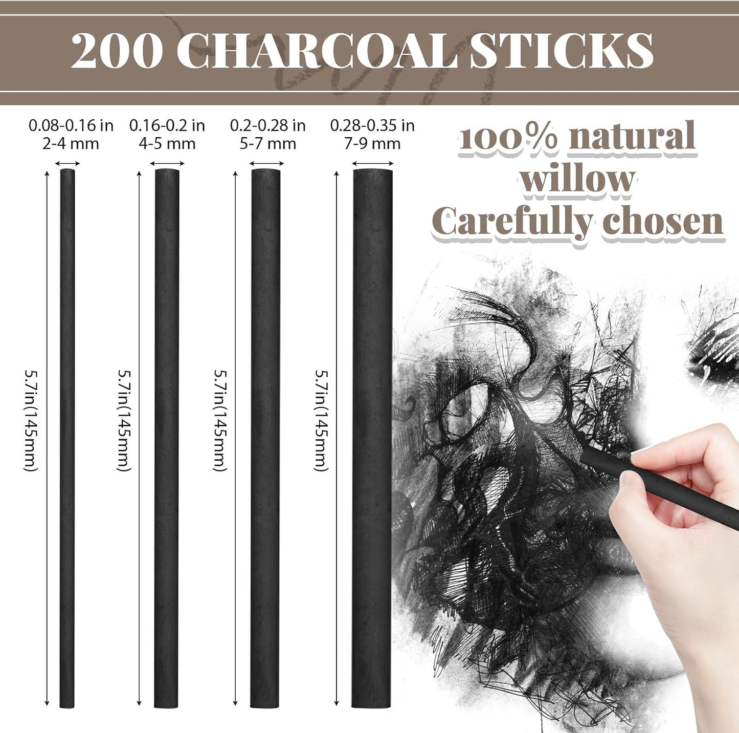 Gueevin 200 Pcs Willow Charcoal Sticks, Willow Charcoal, Artists, Beginners, Students, Perfect for Sketching, Drawing, Shading, and Fine Art Christmas Gifts for Art (2-4mm,4-5mm,5-7mm,7-9mm)