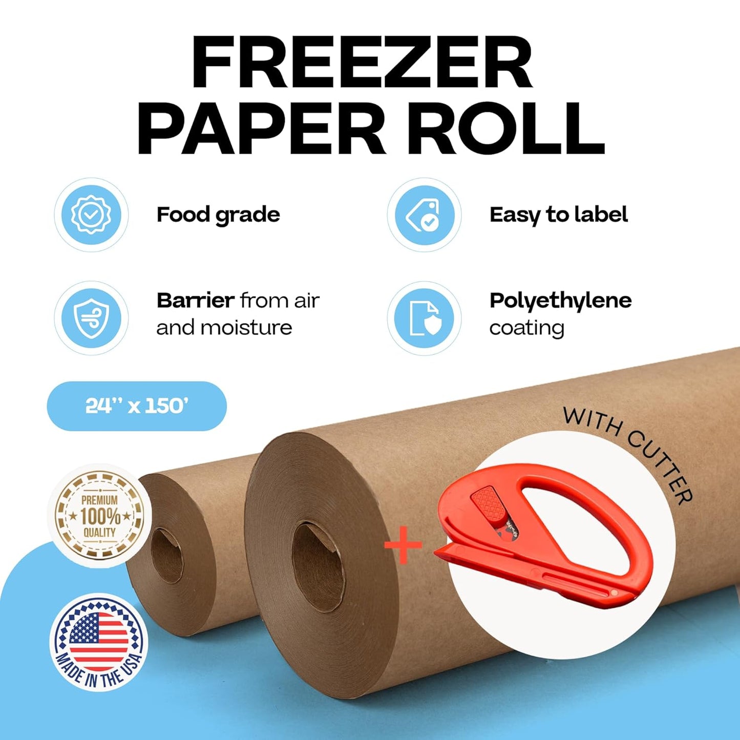 Brown Freezer Paper Roll 24" x 1800" (150 feet) with Cutter - USA-made Freezer Paper for Meat & Fish - Poly-Coated Food Wrapping Material for Freezing - Barrier Against Air & Moisture by IDL Packaging