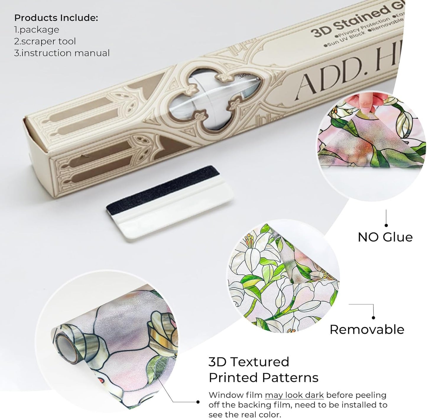 3D Stained Glass Window Film, Decorative Window Privacy Film for Bathroom, Front Door, Home, Sun Blocking Heat Control, Static Cling,White Lily 35.4inch x 78.7inch