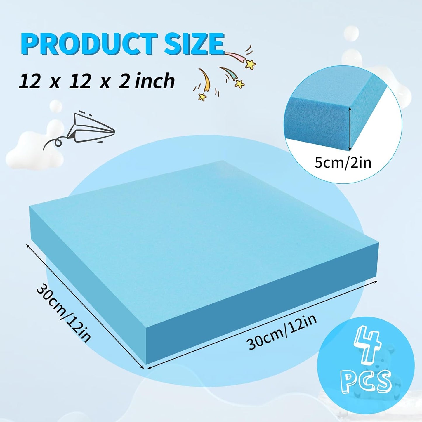 LuckyFoam Blue 4 Pack 12x12x2 inch Foam Sheets 2 Inch Thick Polystyrene Rectangles XPS Foam Board Craft for Insulating DIY Modeling Art Supplies