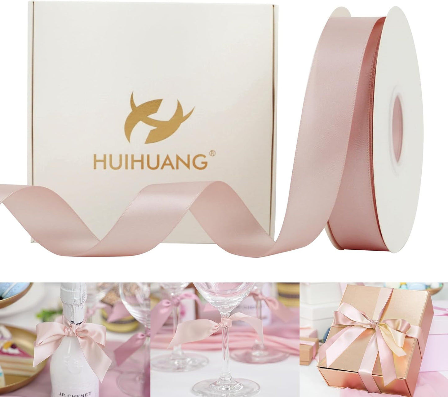 HUIHUANG Rose Gold Satin Ribbon 1 inch x 50 Yards Double-Faced Polyester Ribbon for Gift Wrapping, Wedding Invitations, Hair, Bows Making, Floral Arrangement,Holiday Decor