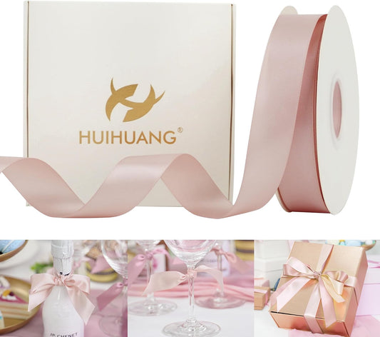 HUIHUANG Rose Gold Satin Ribbon 1 inch x 50 Yards Double-Faced Polyester Ribbon for Gift Wrapping, Wedding Invitations, Hair, Bows Making, Floral Arrangement,Holiday Decor