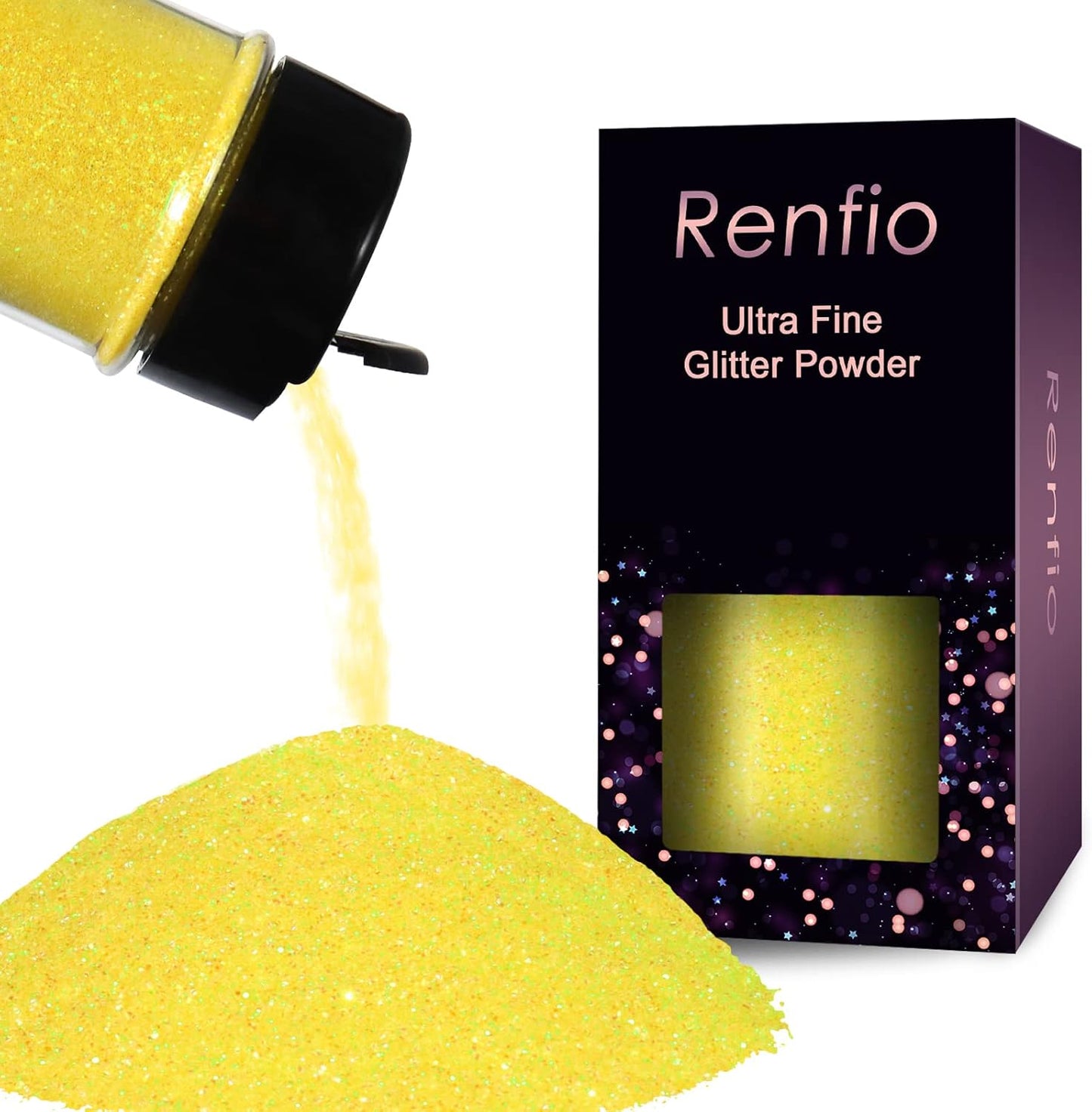 Renfio Iridescent Ultra Fine Glitter Powder Resin Supplies Glitters 1.94 Oz (55g) PET Flake Crafts Sequins 1/128" 0.008" 0.2mm Epoxy Chips Flakes for Tumblers Slime Painting - Lemon Yellow
