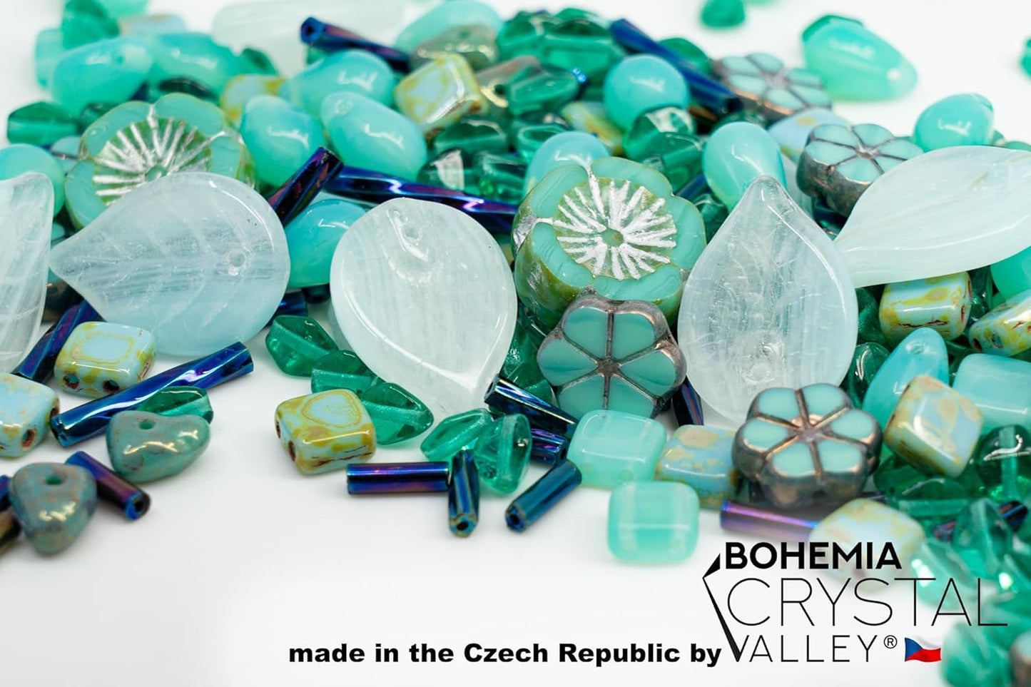 2.1oz (60 g) Mix of Unique Czech Bohemia Glass Pressed Beads, Rocailles, Opaque Turquoise Green Copper Crystal Silver, Matte and Glossy, Hand Made BCV