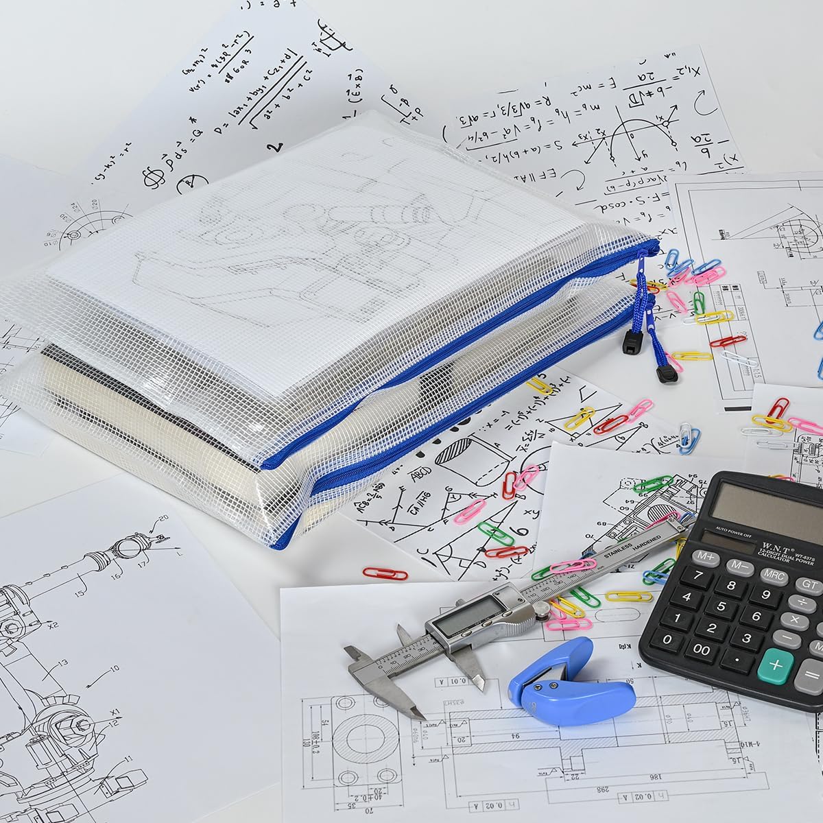 AUSTARK 10 Pcs Zipper File Bags, Waterproof Plastic Mesh Pouch for Office School, Board Game Storage Bags (B4 Size 15''x11'', White and Blue)