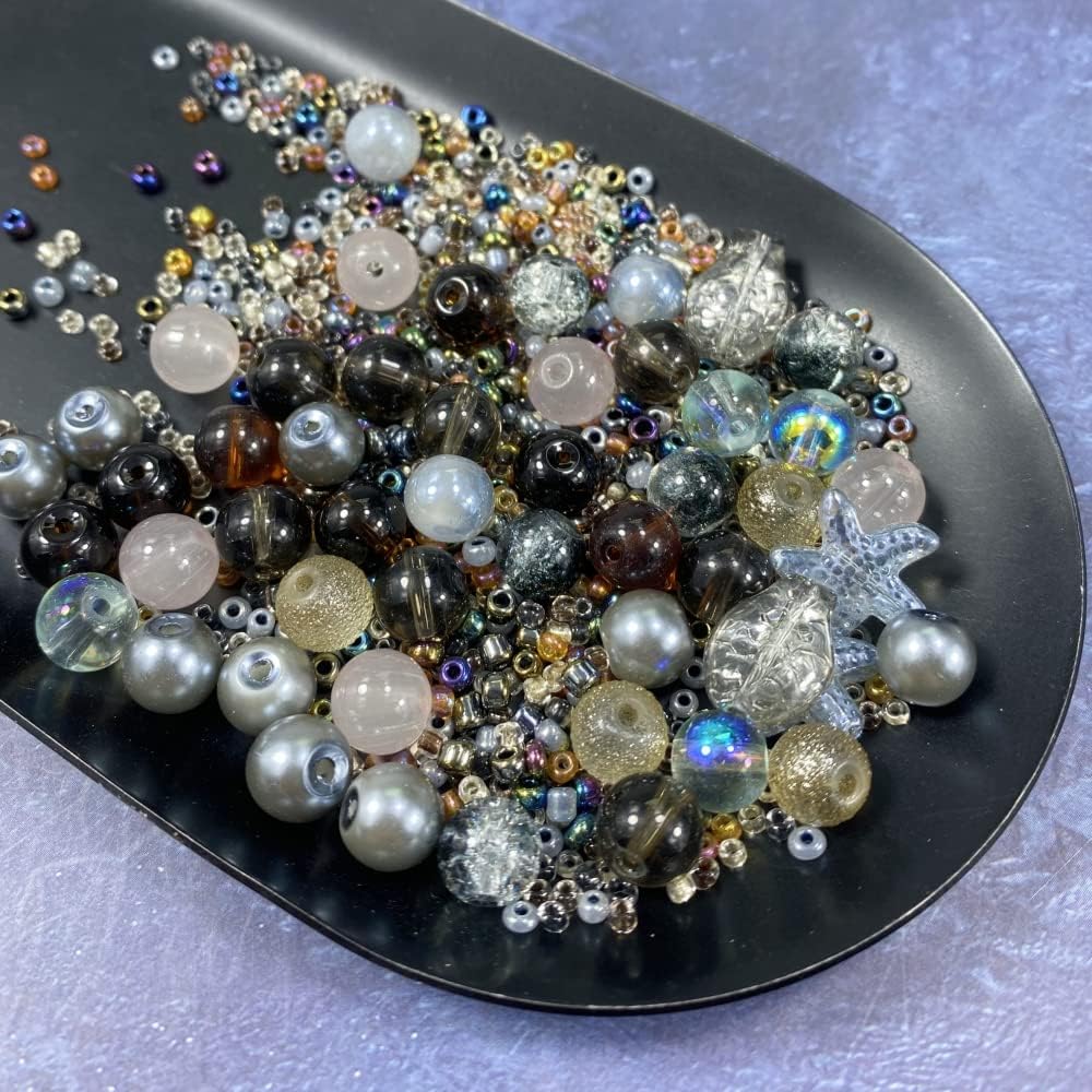 Assorted Glass Resin Beads Multi Size Colors Smooth Cracked Gravel Millet Spacer Beads for Bracelets Necklace Earring DIY Jewelry Making Craft(Smoke Gray Series)