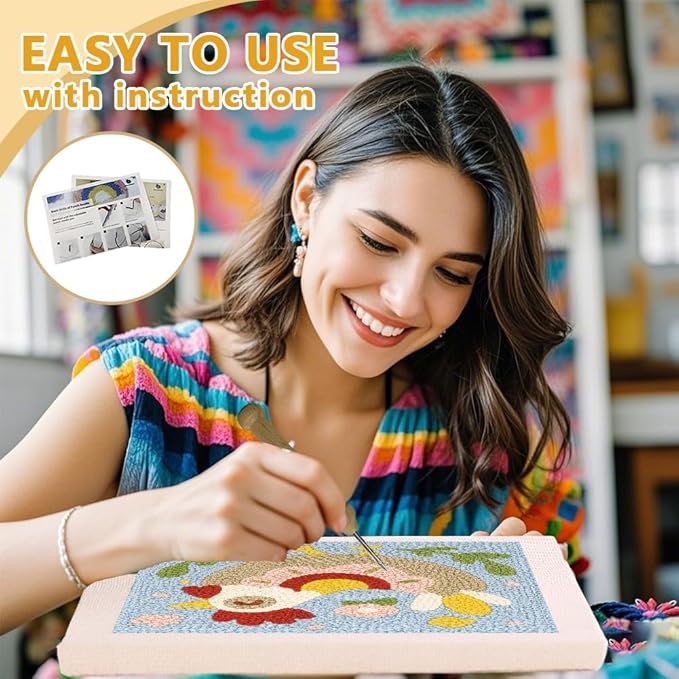 Doodlream Cute Chickens DIY Punch Needle Embroidery Kit for Adult Beginner, 9.4" Rooster Animal Punch Stitching Craft Set for Starter with Frame, Fabric Pattern, Threader, Yarn, Pinch Needle