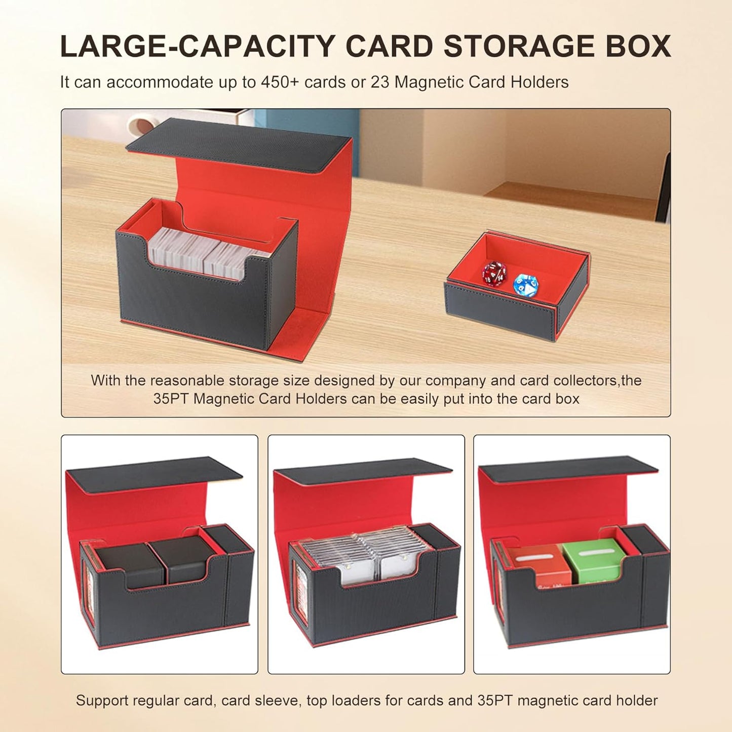 Card Storage Box for Trading Cards，450+ Card Deck Case,Leather Magnetic Closure Commander Storage Box,Protectors Fit for YuGiOh, MTG and Sport Cards (Black, blue, 450+)