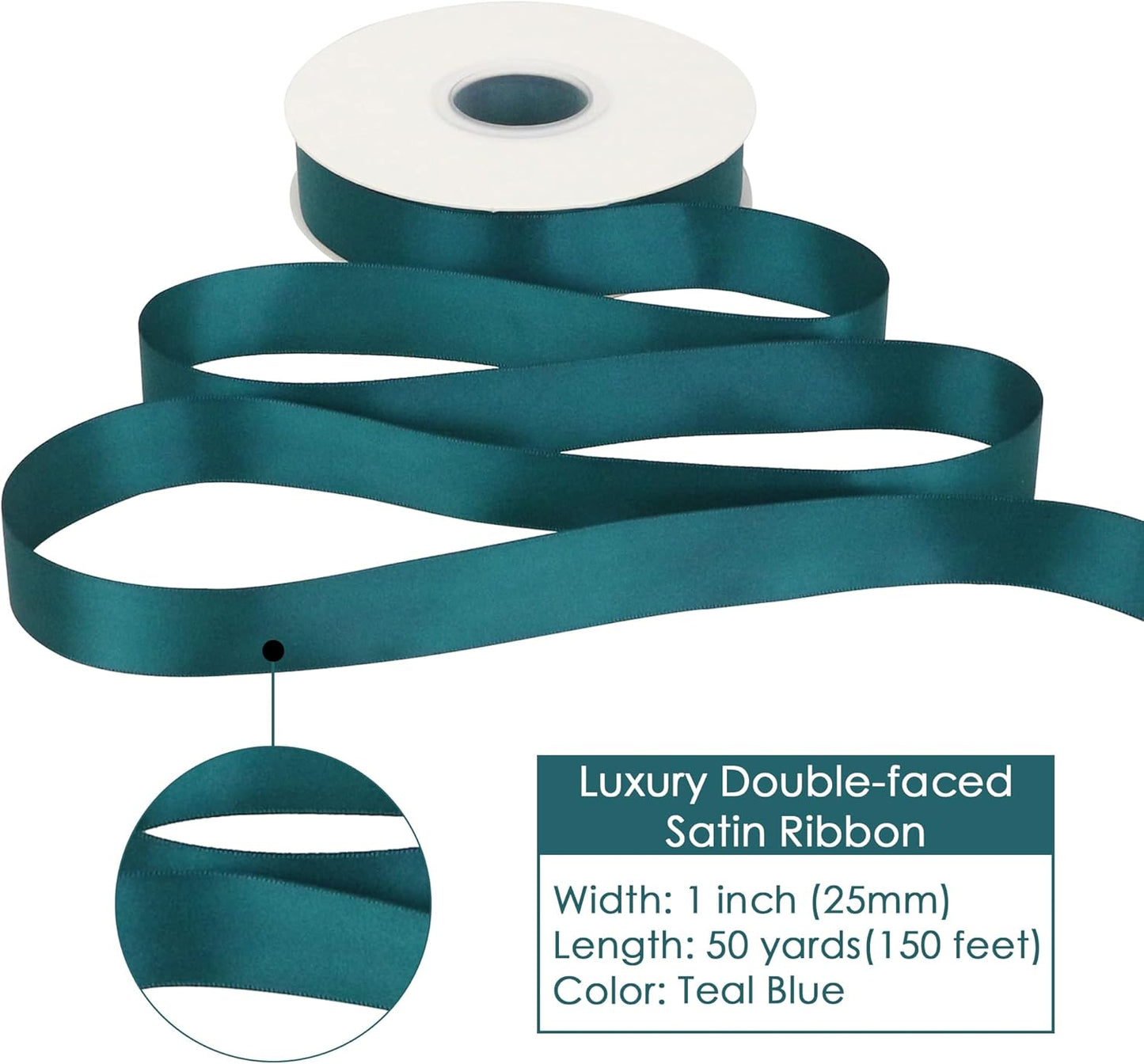 HUIHUANG Teal Green Ribbon 1 inch x 50 Yards Double-Faced Satin Silk Ribbon for Gift Wrapping, Crafts, Wedding, Christmas Tree Decor