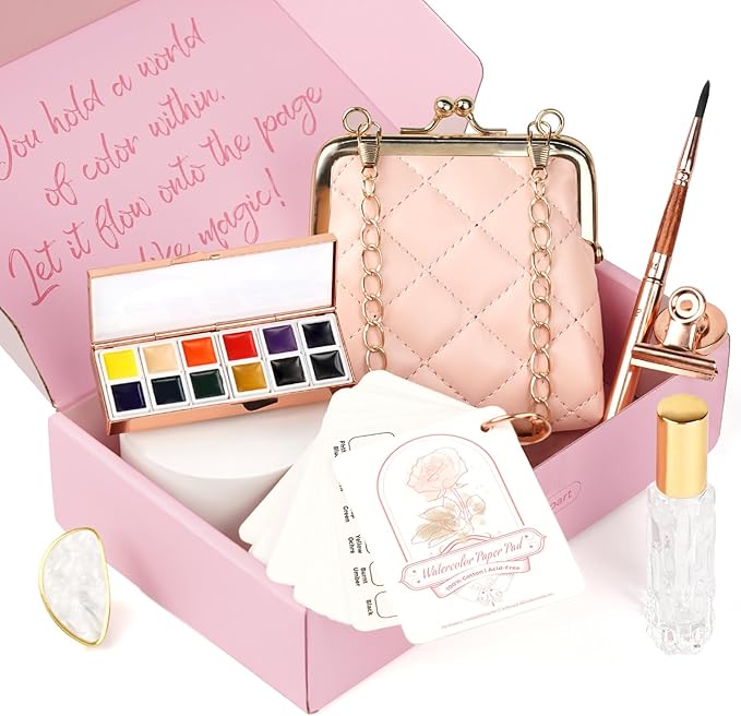 Funto Travel Watercolor Set, Fashion 12-Color Outdoor Paint Kit, with Crossbody Bag, Art Craft, Paint Supplies, Stocking Stuffers for Teen Girls, Portable Gift for Art