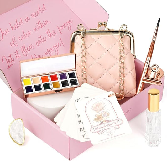 Funto Travel Watercolor Set, Fashion 12-Color Outdoor Paint Kit, with Crossbody Bag, Art Craft, Paint Supplies, Stocking Stuffers for Teen Girls, Portable Gift for Art