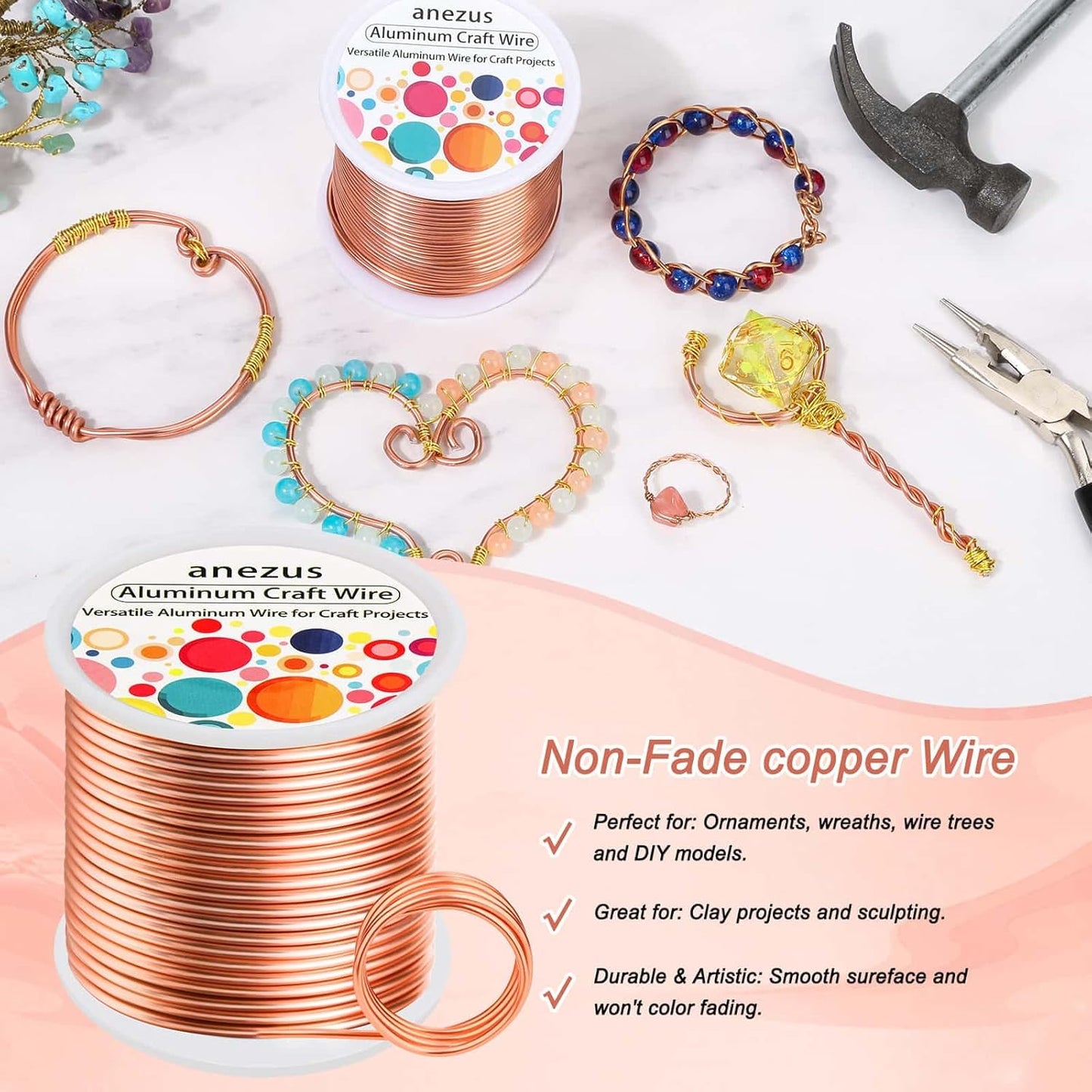 Anezus 12 Gauge Craft Wire Bendable - 2mm Metal Armature Sculpting Wire for Crafting, Wreath Making, Jewelry Making, Beading, Floral (Copper, 100 Feet)